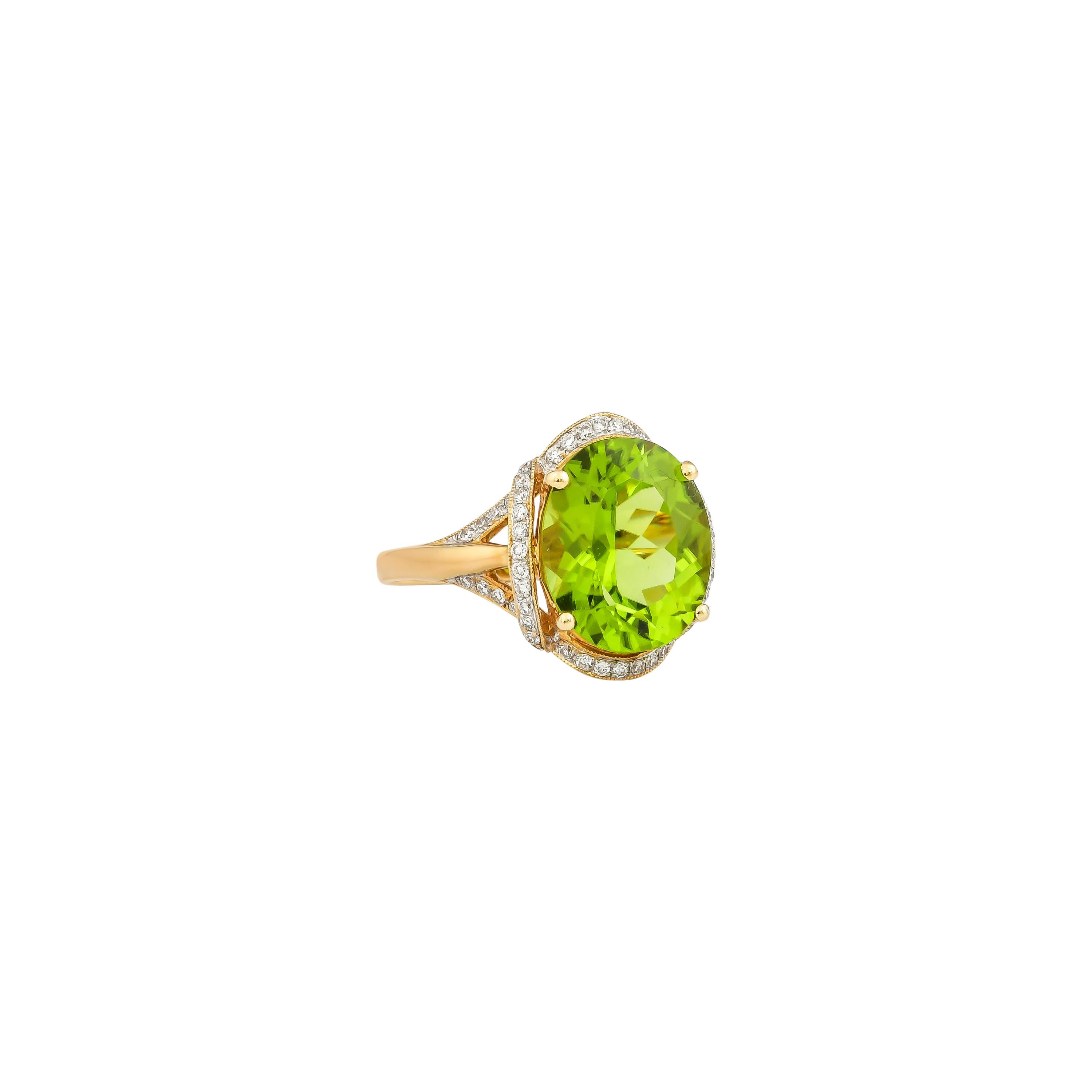 This collection features an array of pretty peridot rings! Accented with diamonds these rings are made in yellow gold and present a vibrant and fresh look. 

Classic peridot ring in 18K yellow gold with diamonds. 

Peridot: 4.83 carat oval