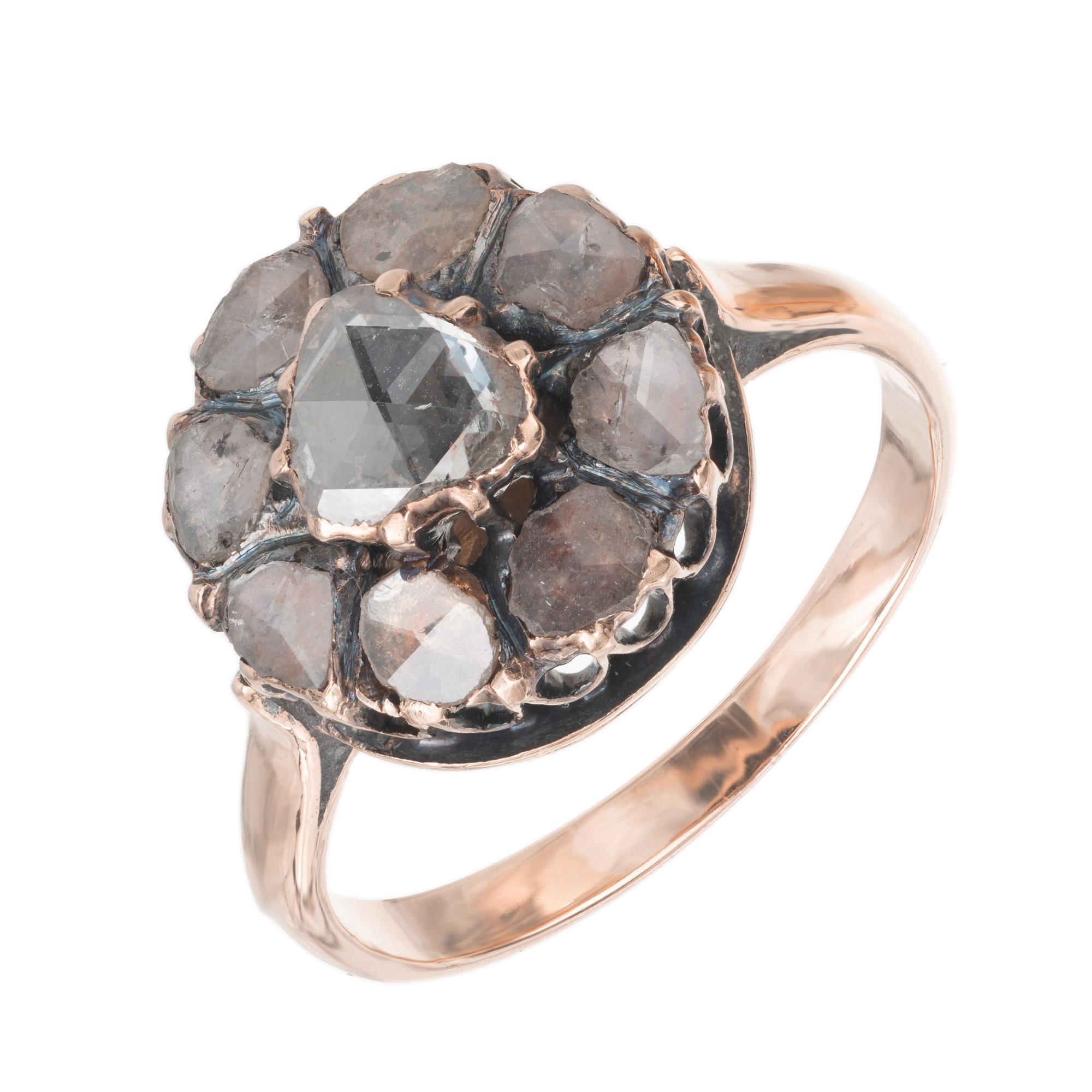 Taille rose .48 Carat Rose Cut Light Brown Diamond Halo Gold Antique Engagement Ring en vente