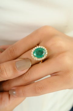 4.8 CT 14K Solid Yellow Gold Oval Emerald & Halo Diamond Cocktail Ring for Her