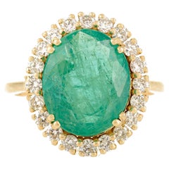 4.8 CT 14K Solid Yellow Gold Oval Emerald & Halo Diamond Cocktail Ring for Her