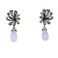 48 Carat Chalcedony/ light blue Designer 18kw dangling Earring