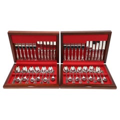 24 Besteckset, versilberter Tafellöffel und Gabel in Holzschachteln, Geschirr-Set