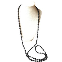 48" Czech Bohemian Black Faceted Glass Bead Long Flapper Strand Necklace, 1930s