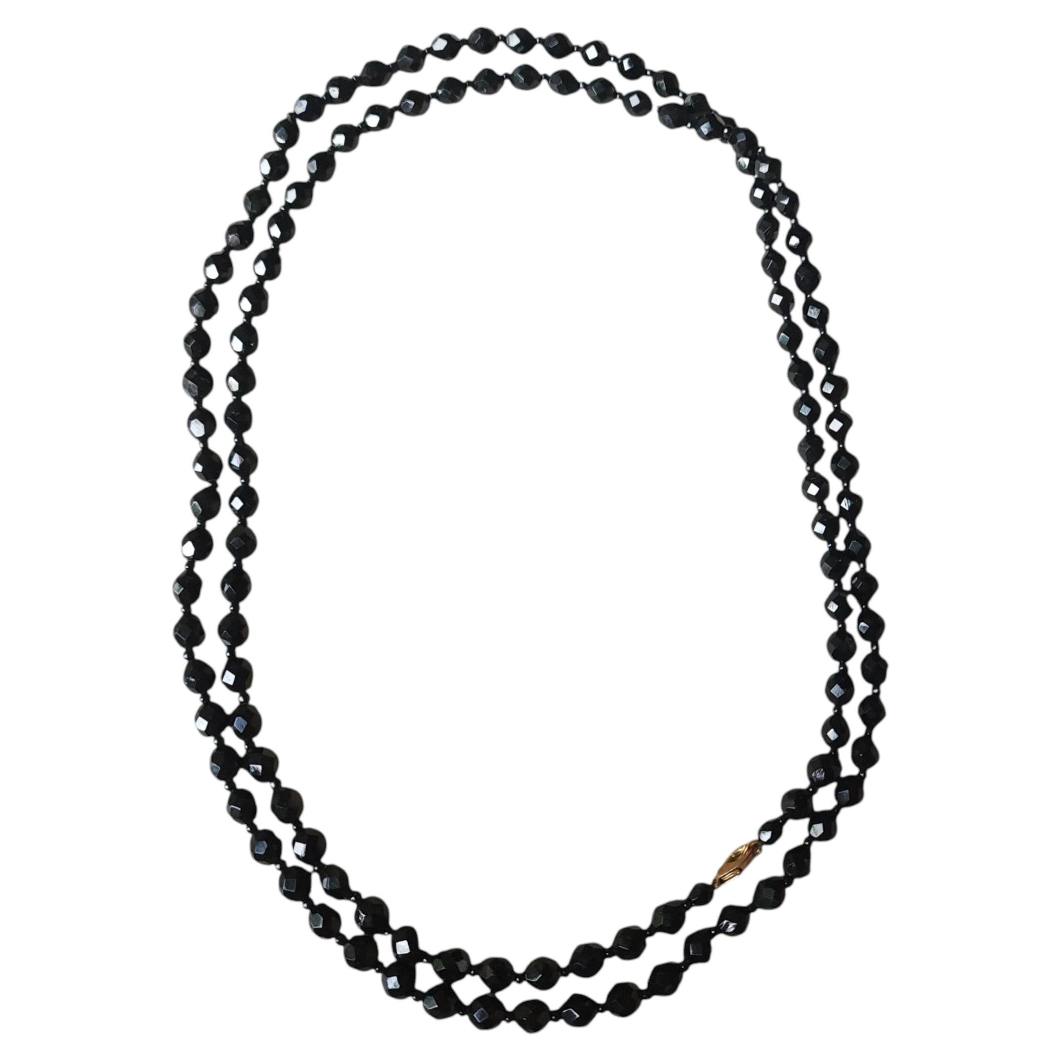 48" Czech Bohemian Black Faceted Glass Bead Long Flapper Strand Necklace, 1930s