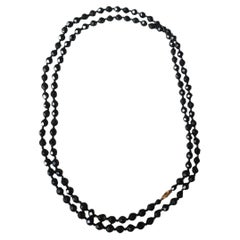 48" Czech Bohemian Black Faceted Glass Bead Long Flapper Strand Necklace, 1930s