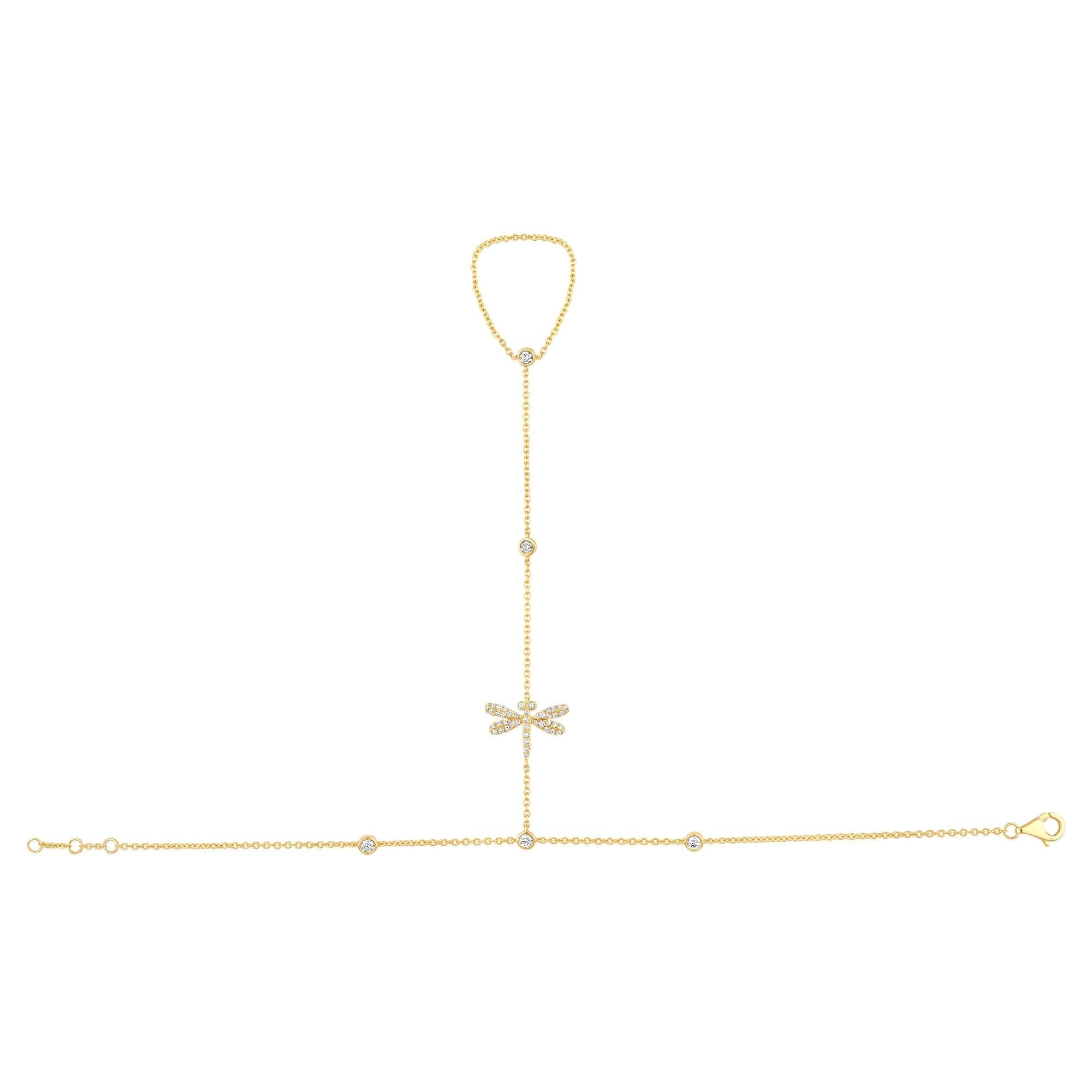 Pulsera de cadena de mano de oro amarillo de 14 quilates (o 18 quilates bajo pedido) con 48 diamantes Libélula Moderno en venta