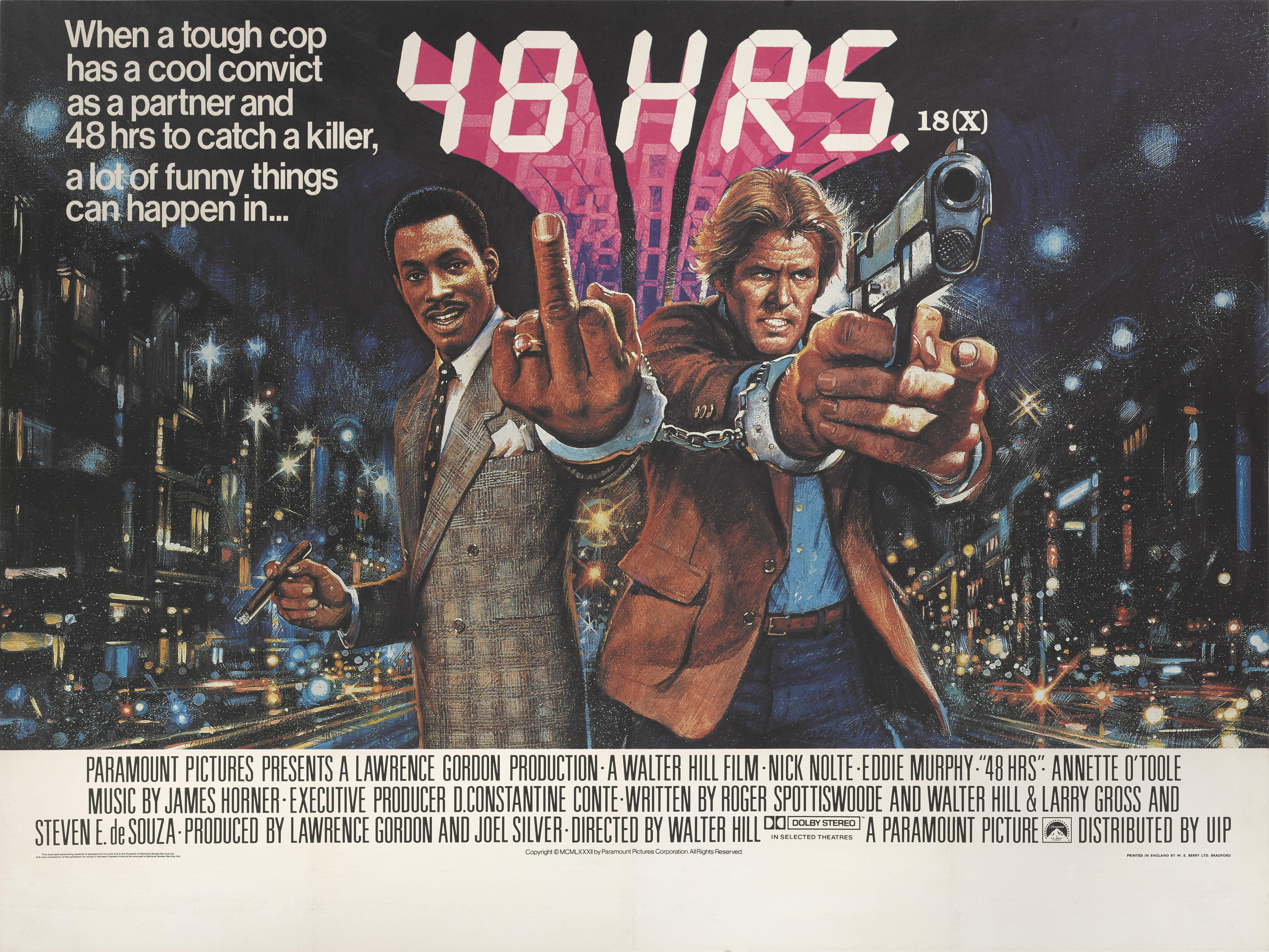 Original British film poster for 1982 action ,comedy 48 Hours starring Nick Nolte and Eddie Murphy. The film was directed by Walter Hill.
This poster is conservation linen backed and would be shipped rolled in a strong tube and shipped by Federal