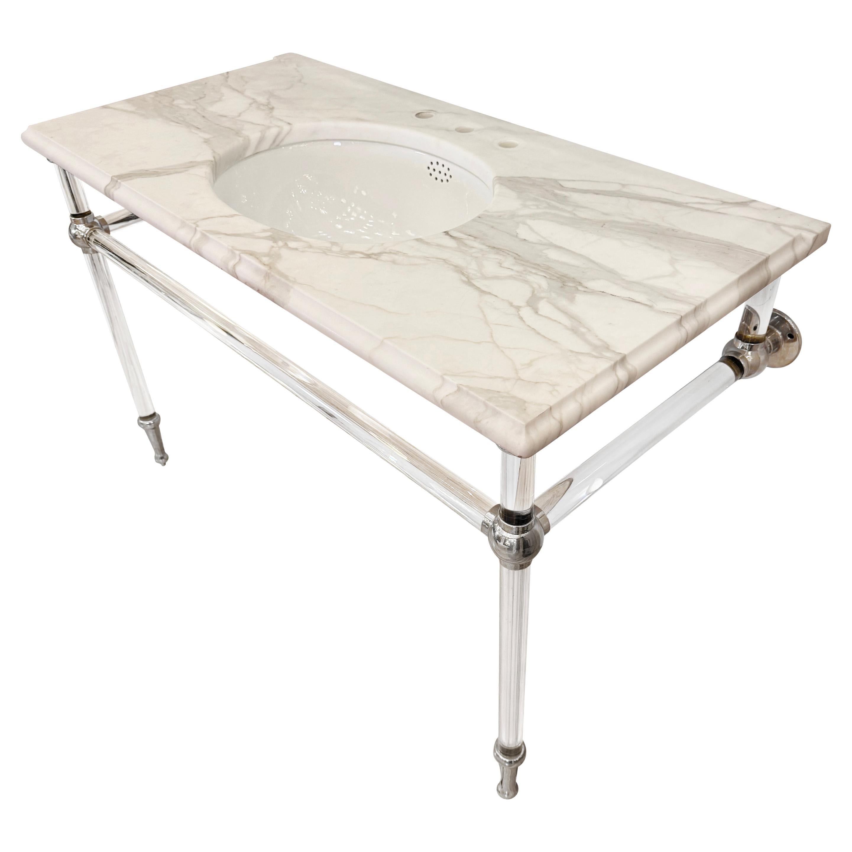 48 in. White Marble Console Bathroom Sink Lucite legs