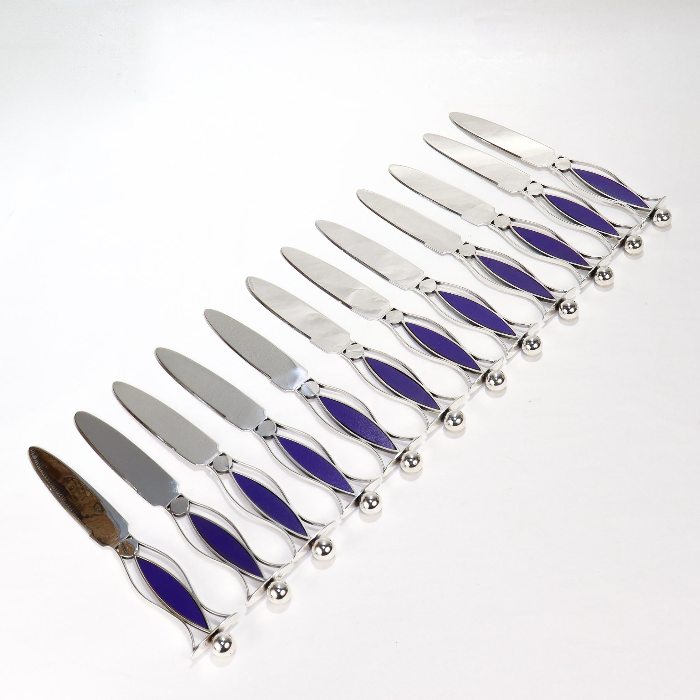 48 Pc. Mardi Jo Cohen Sterling Silver, Blue Formica, & Cabochon Flatware Service For Sale 6