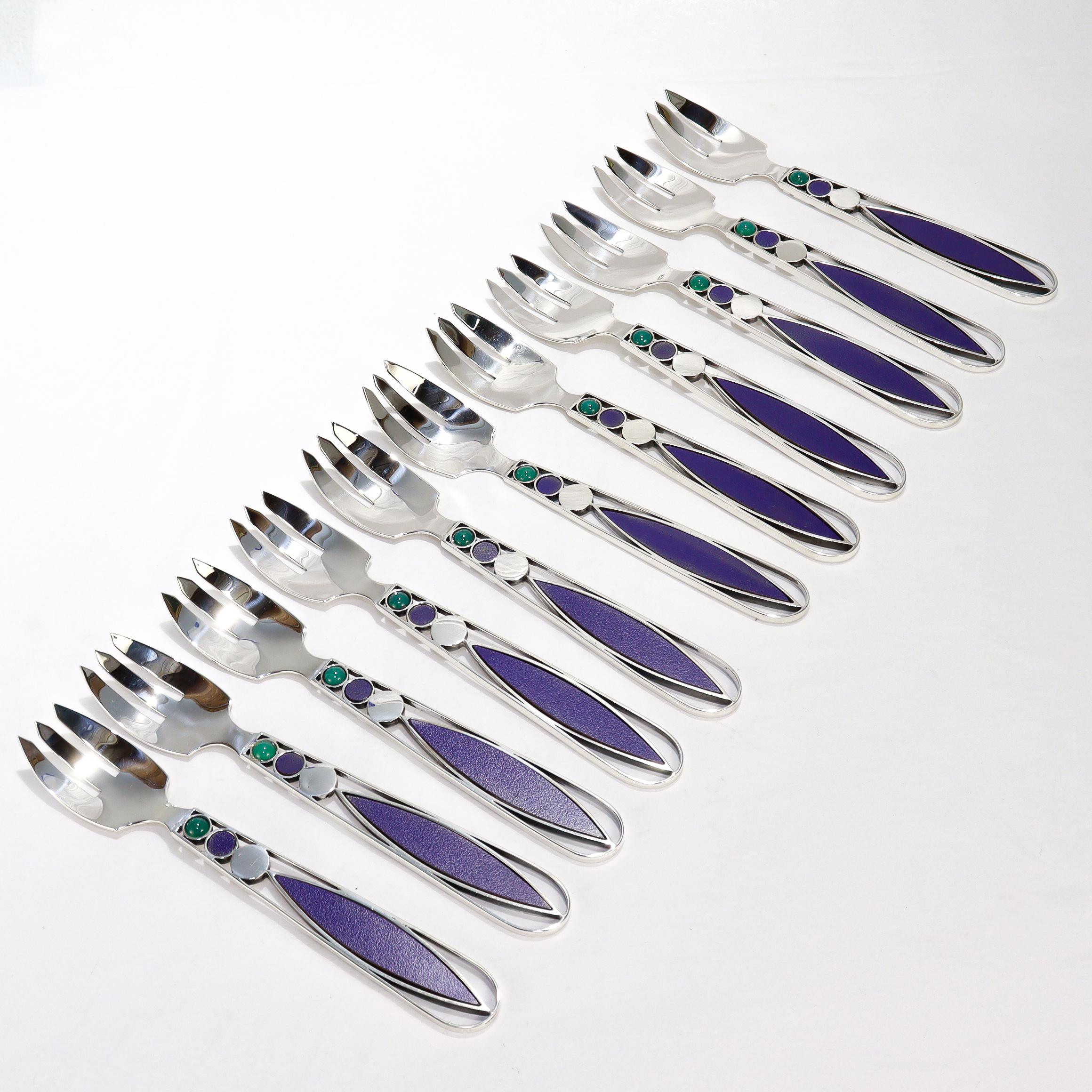 48 Pc. Mardi Jo Cohen Sterling Silver, Blue Formica, & Cabochon Flatware Service For Sale 8