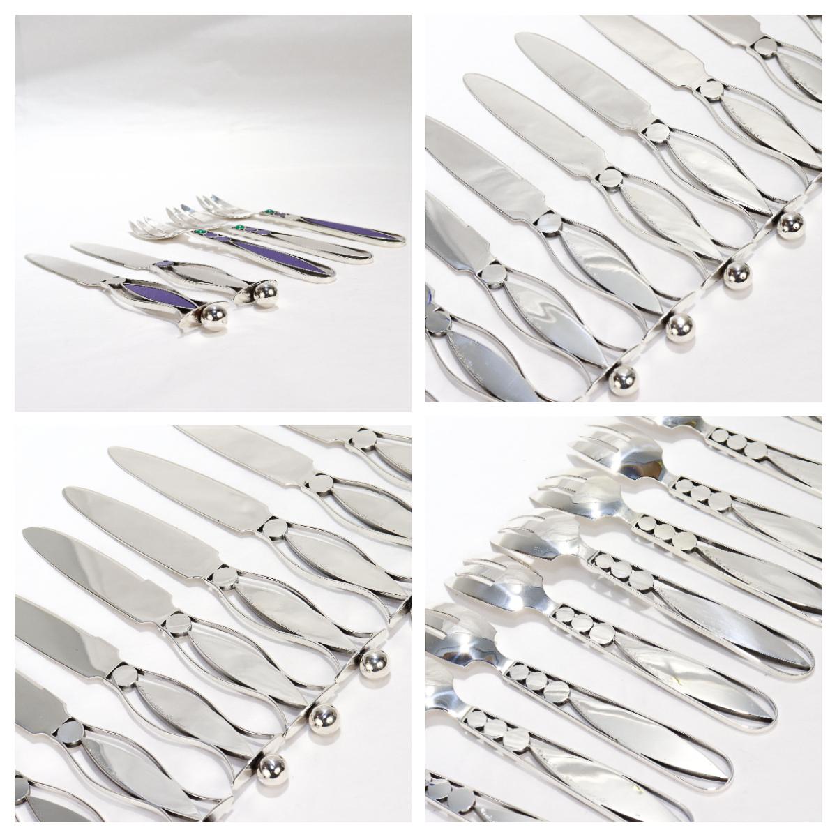 48 Pc. Mardi Jo Cohen Sterling Silver, Blue Formica, & Cabochon Flatware Service For Sale 10