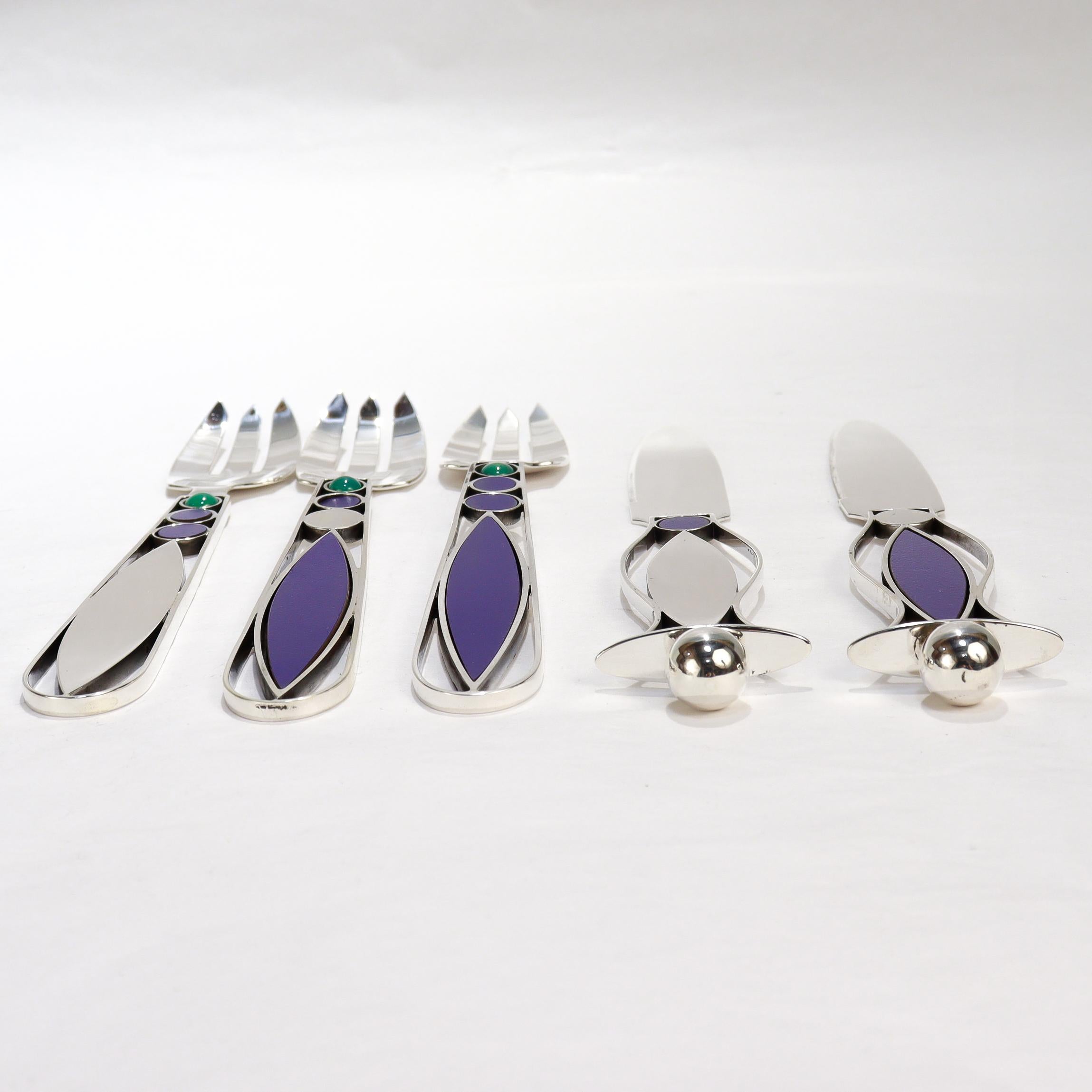 48 Pc. Mardi Jo Cohen Sterling Silver, Blue Formica, & Cabochon Flatware Service For Sale 11