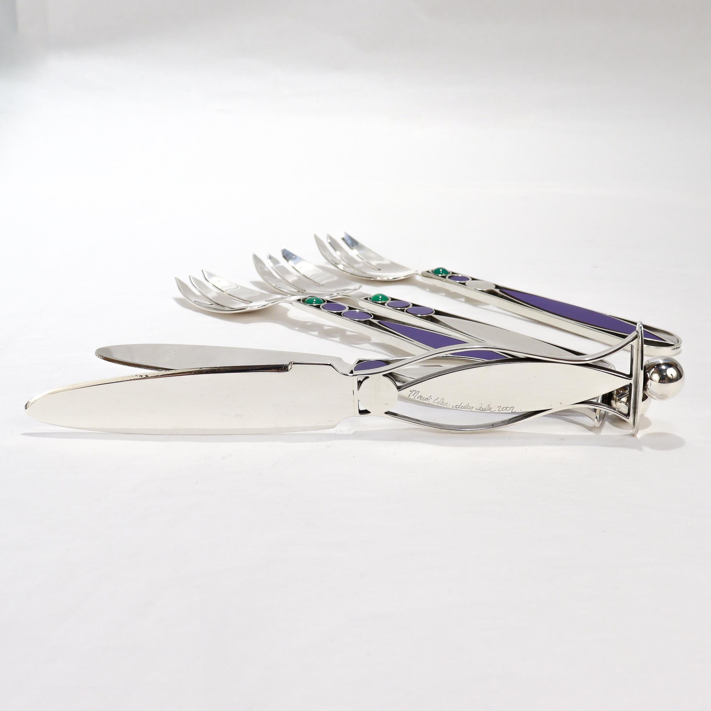 48 Pc. Mardi Jo Cohen Sterling Silver, Blue Formica, & Cabochon Flatware Service For Sale 12