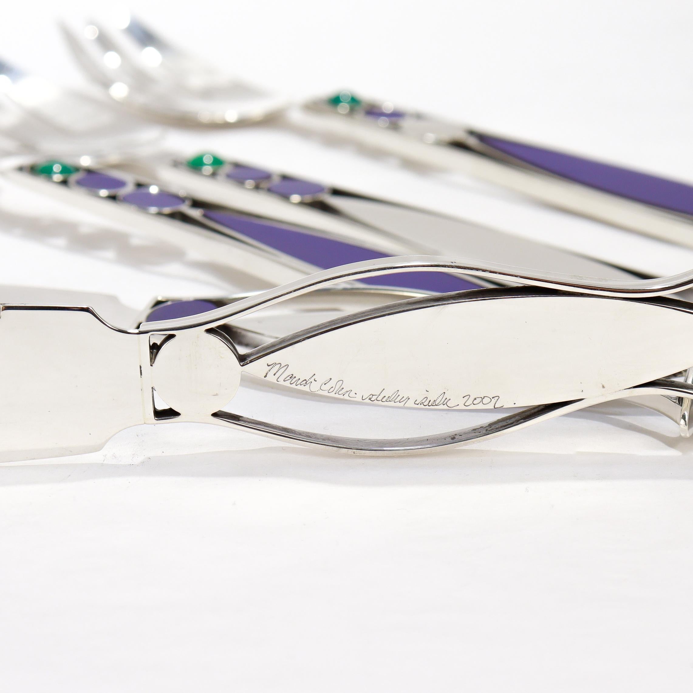 48 Pc. Mardi Jo Cohen Sterling Silver, Blue Formica, & Cabochon Flatware Service For Sale 13