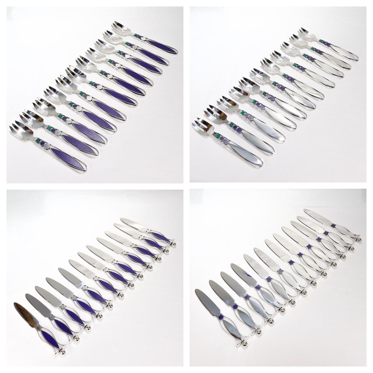 A fine signed flatware service. 

By Mardi Jo Cohen.

In sterling silver with a strong Memphis School and Pop Art design influence.

Comprising 48 pieces:
12 knives with blue formica inlaid handles
12 knives with circular blue formica inlaid