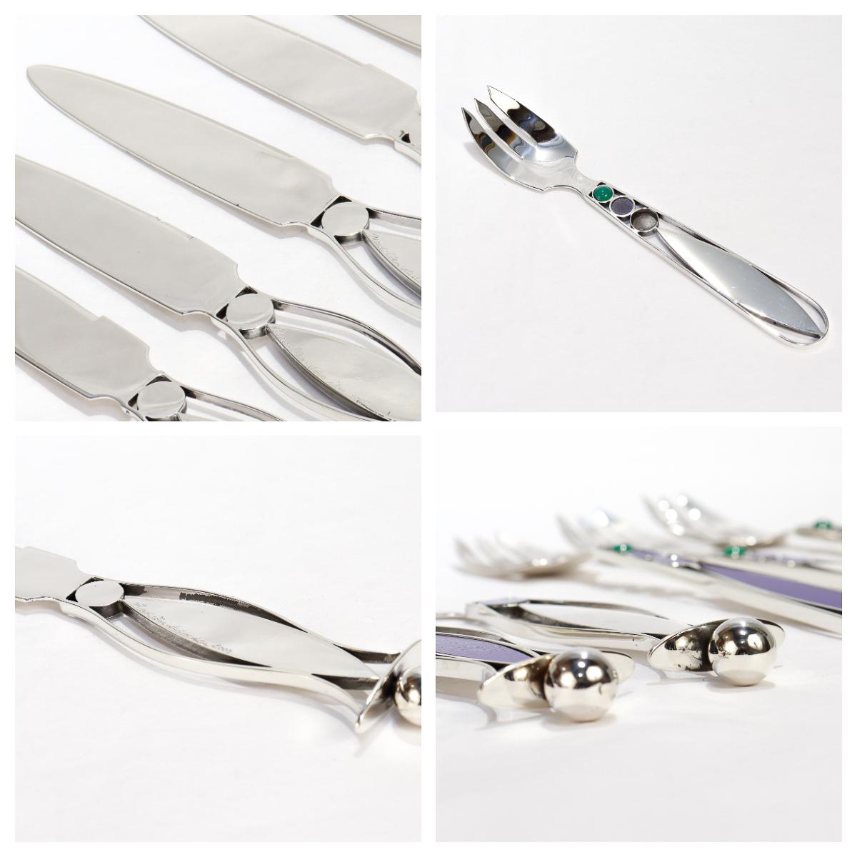 48 Pc. Mardi Jo Cohen Sterling Silver, Blue Formica, & Cabochon Flatware Service For Sale 14