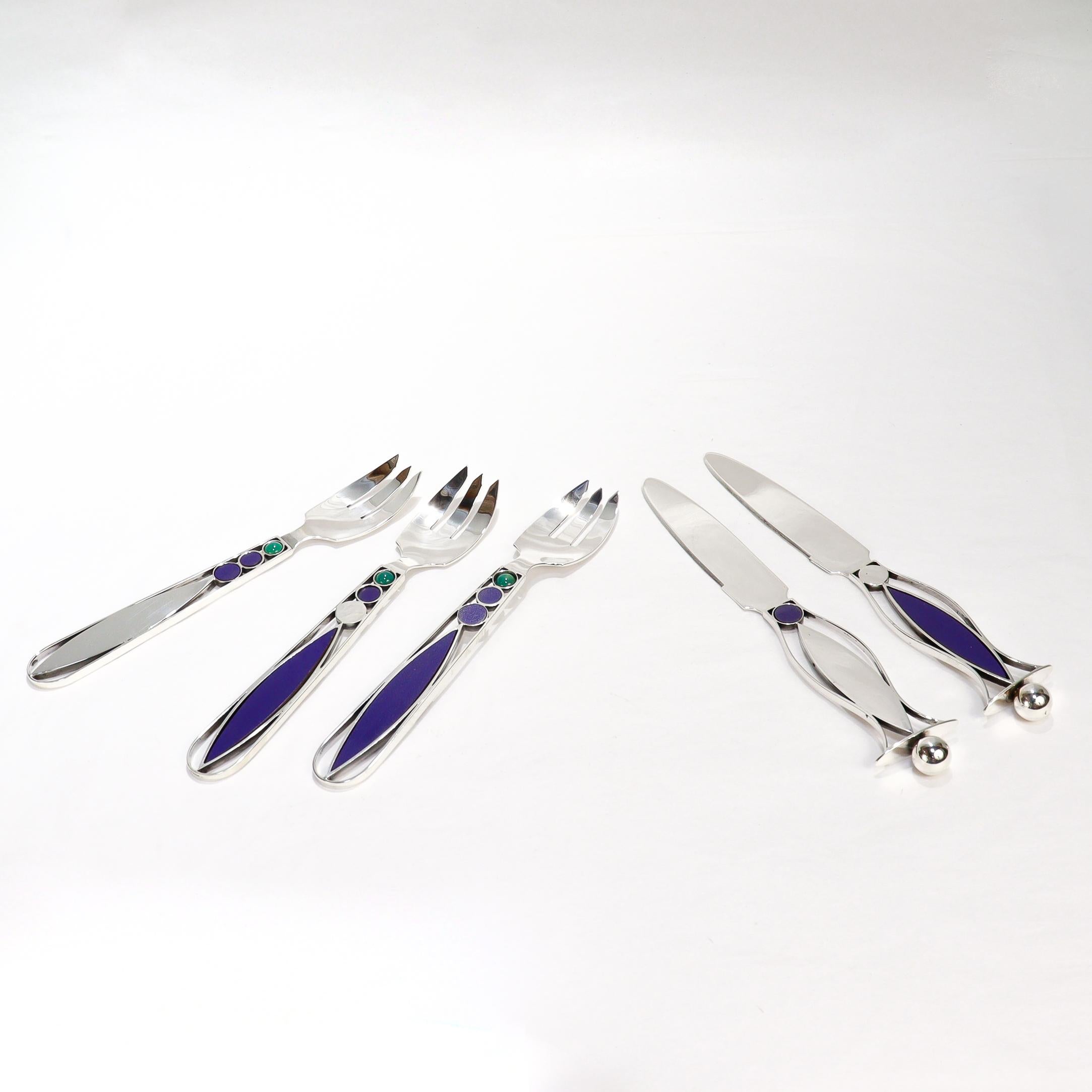 Modern 48 Pc. Mardi Jo Cohen Sterling Silver, Blue Formica, & Cabochon Flatware Service For Sale