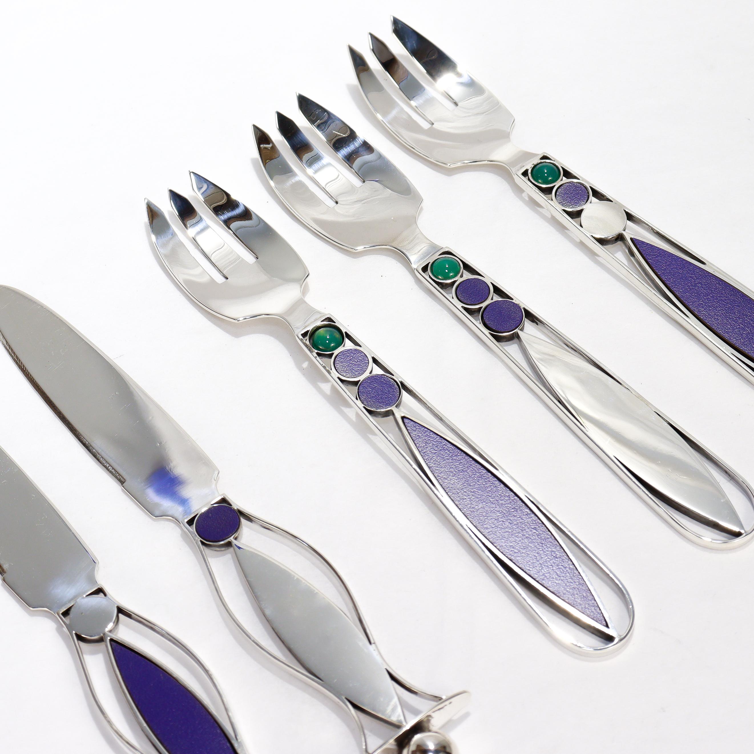 American 48 Pc. Mardi Jo Cohen Sterling Silver, Blue Formica, & Cabochon Flatware Service For Sale