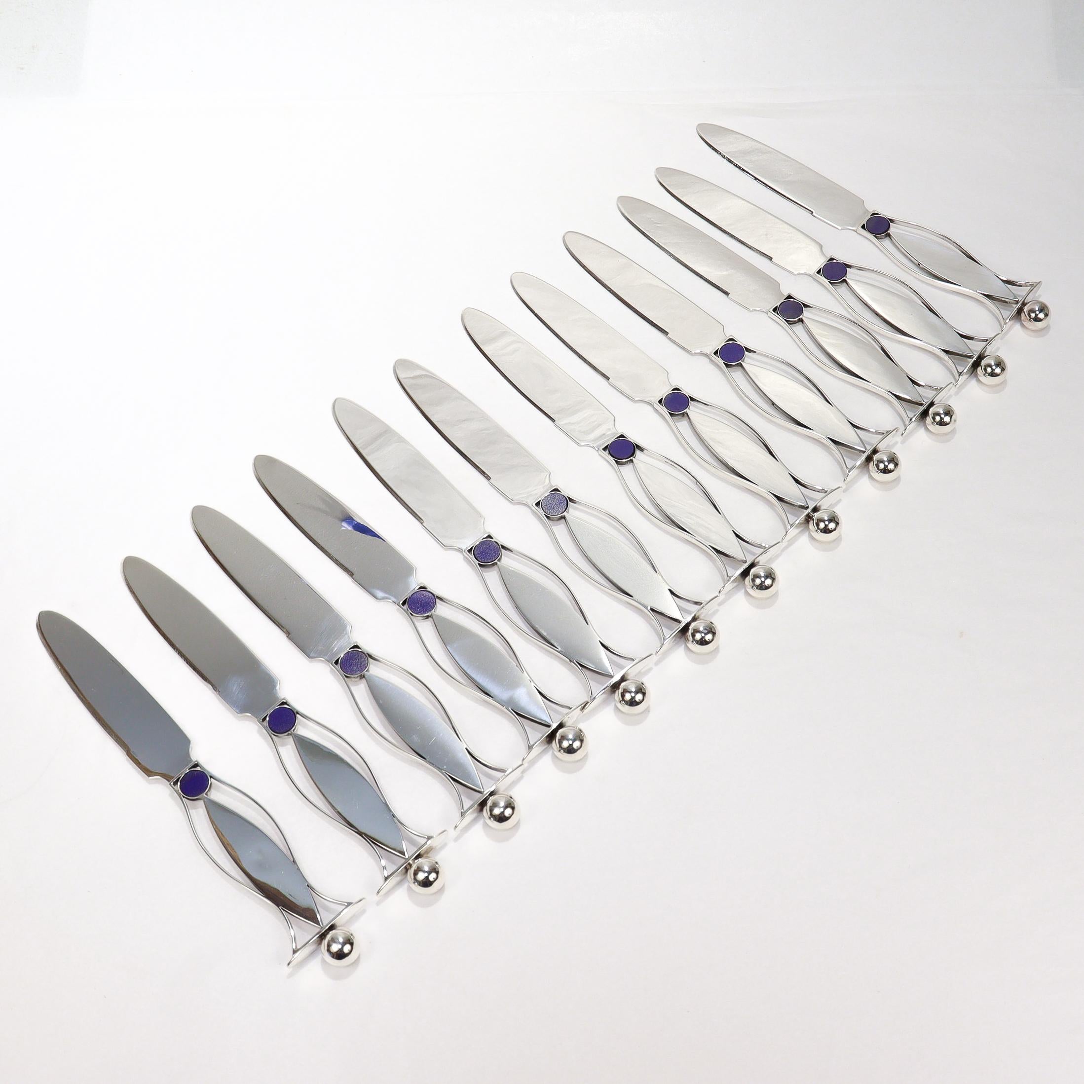 48 Pc. Mardi Jo Cohen Sterling Silver, Blue Formica, & Cabochon Flatware Service In Good Condition For Sale In Philadelphia, PA