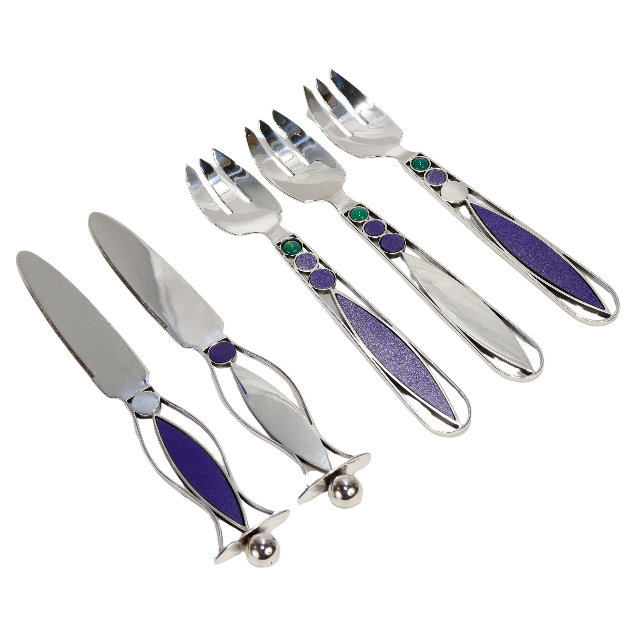 48 Pc. Mardi Jo Cohen Sterling Silver, Blue Formica, & Cabochon Flatware Service For Sale