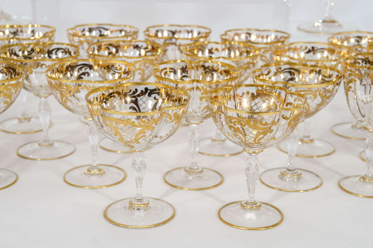 Art Nouveau 48 Pc Set Hand Blown Quatrefoil Crystal Stemware Service with Raised Paste Gold