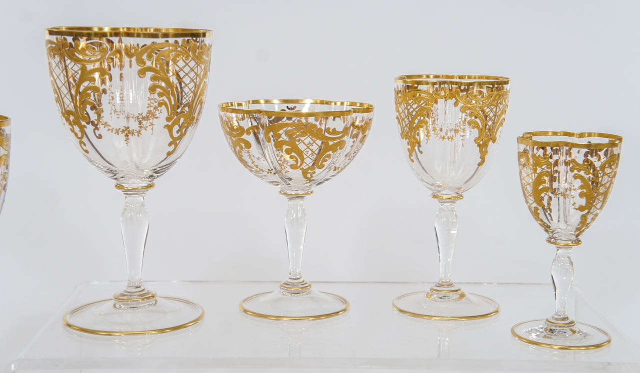 French 48 Pc Set Hand Blown Quatrefoil Crystal Stemware Service with Raised Paste Gold