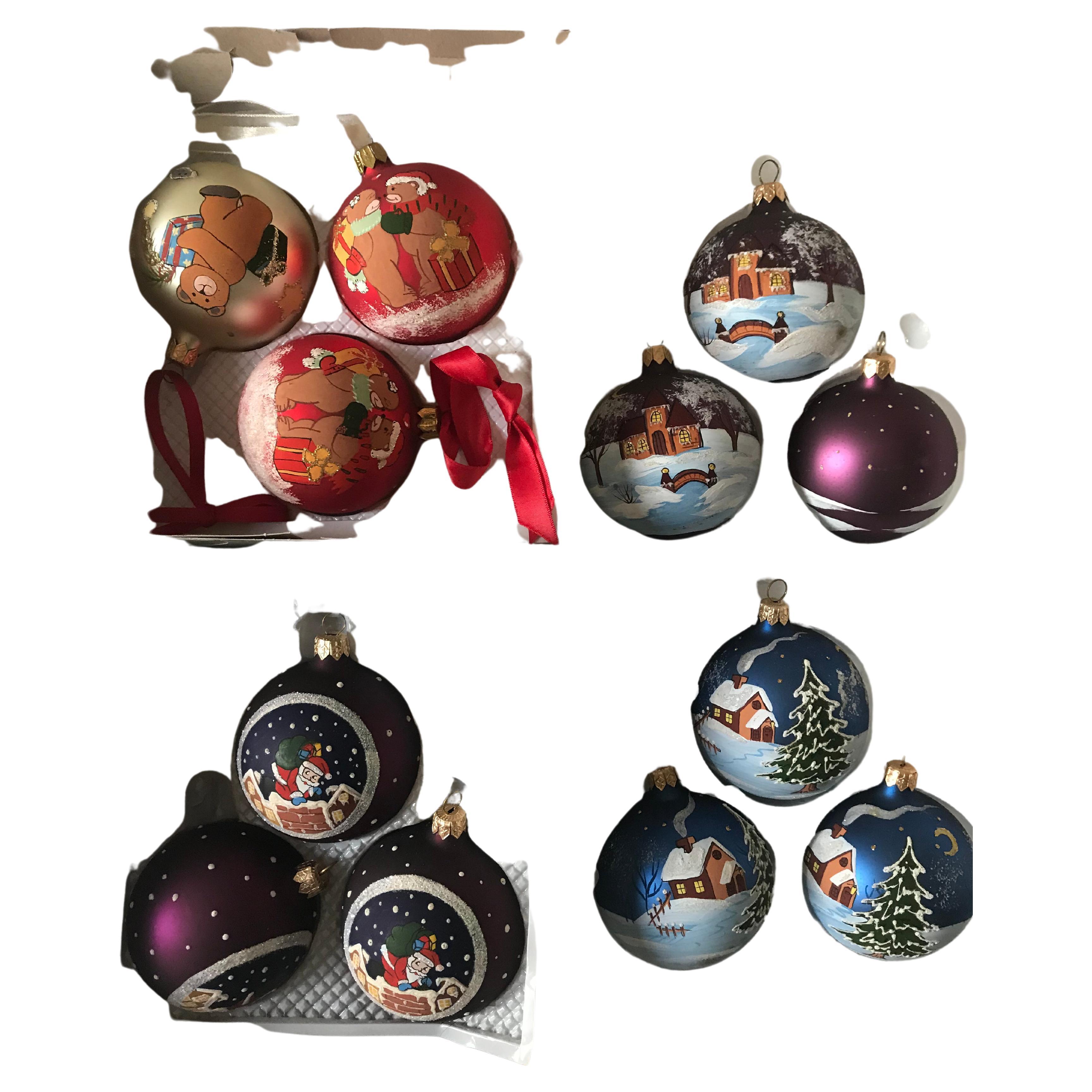 Vintage collectible handpainted German silvered Christmas ornaments sets, silvered glass, 3,5”.