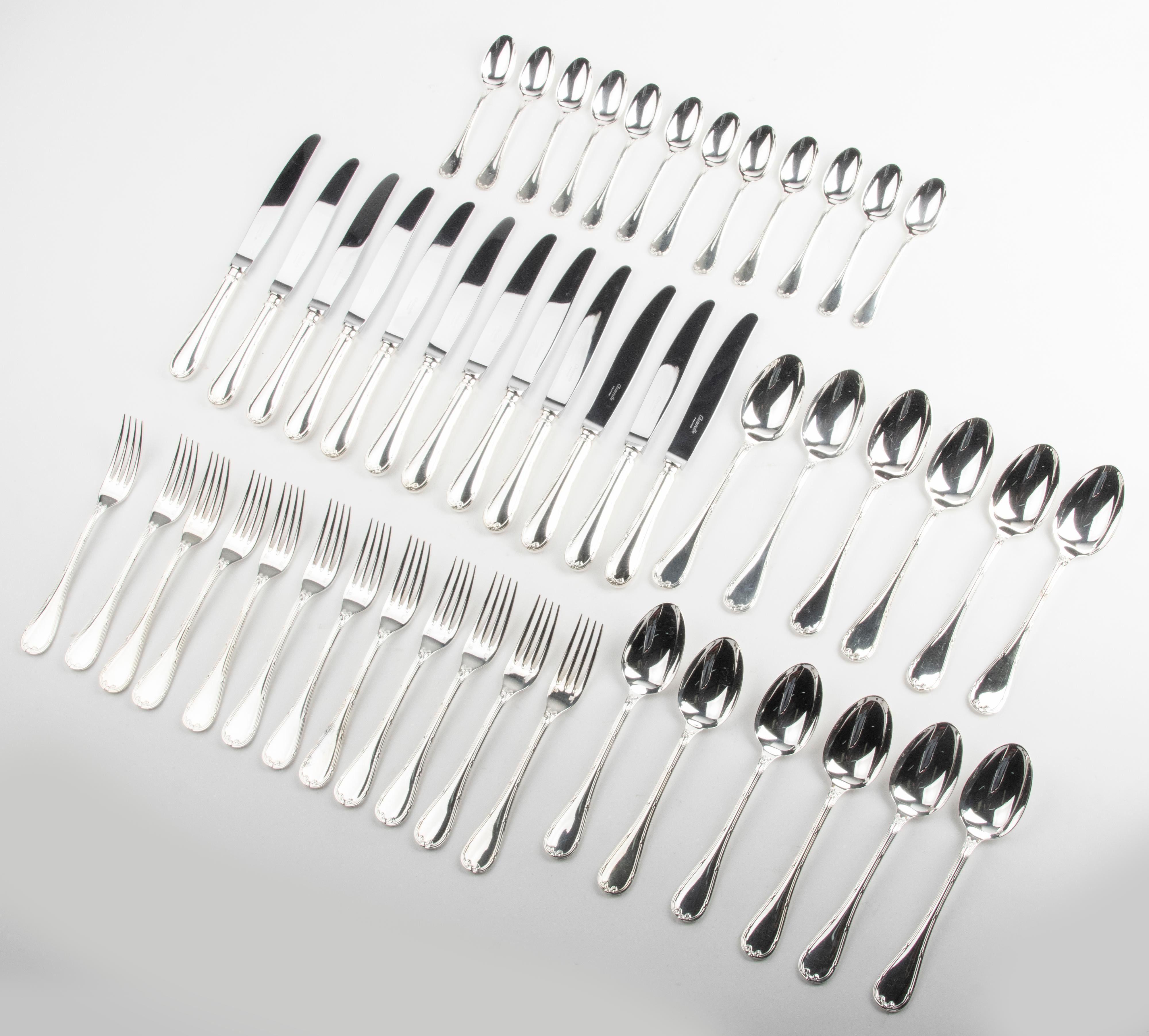 Beautiful set of silver plated table cutlery from the French brand Christofle. It is a set for 12 people, large place settings. A total of 48 parts. The cutlery is decorated with an edge with bows, the name of the model is 'rubans'. This classic and