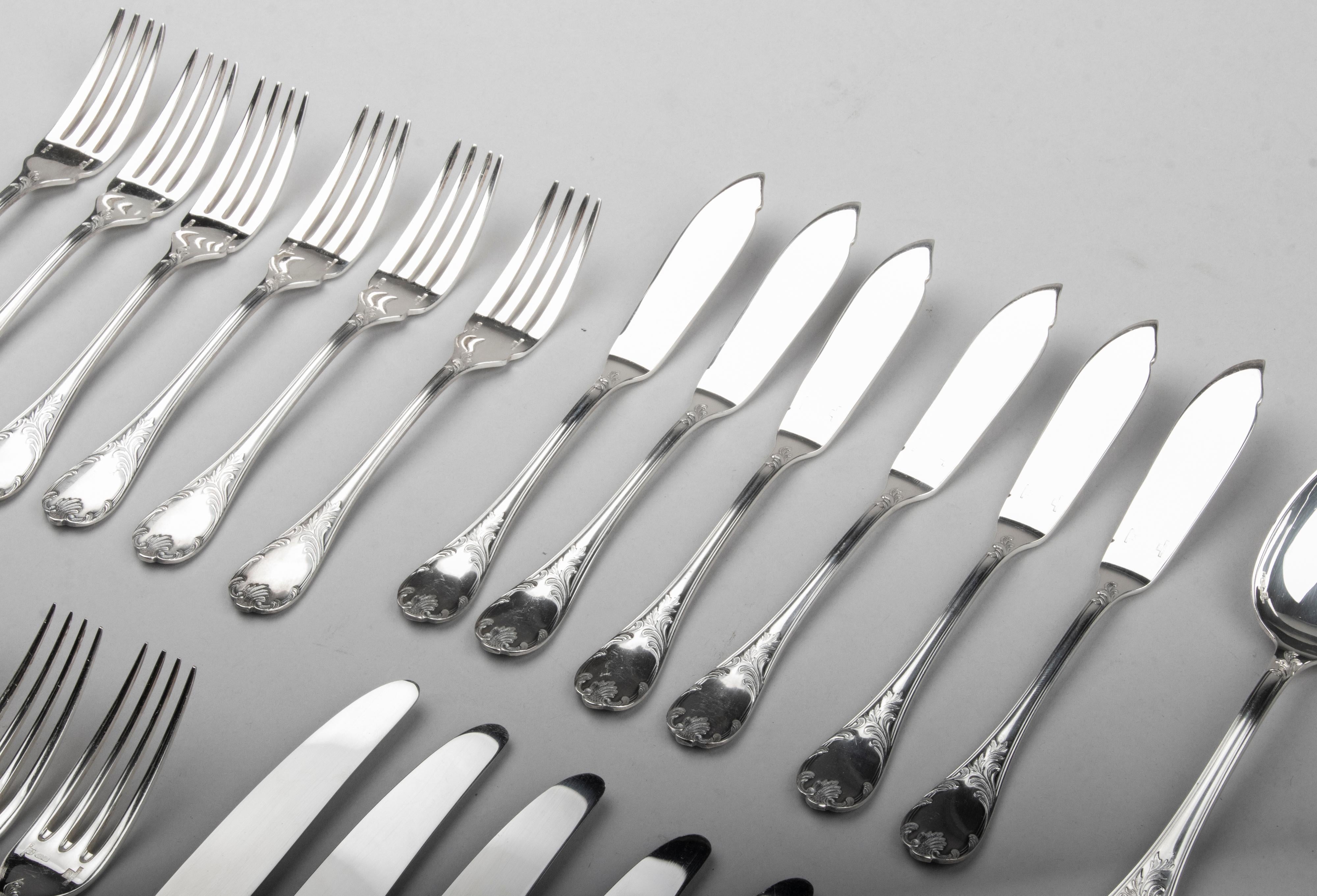 48-Piece Set of Silver Plated Flatware for 6 Persons by Christofle Model Marly 10