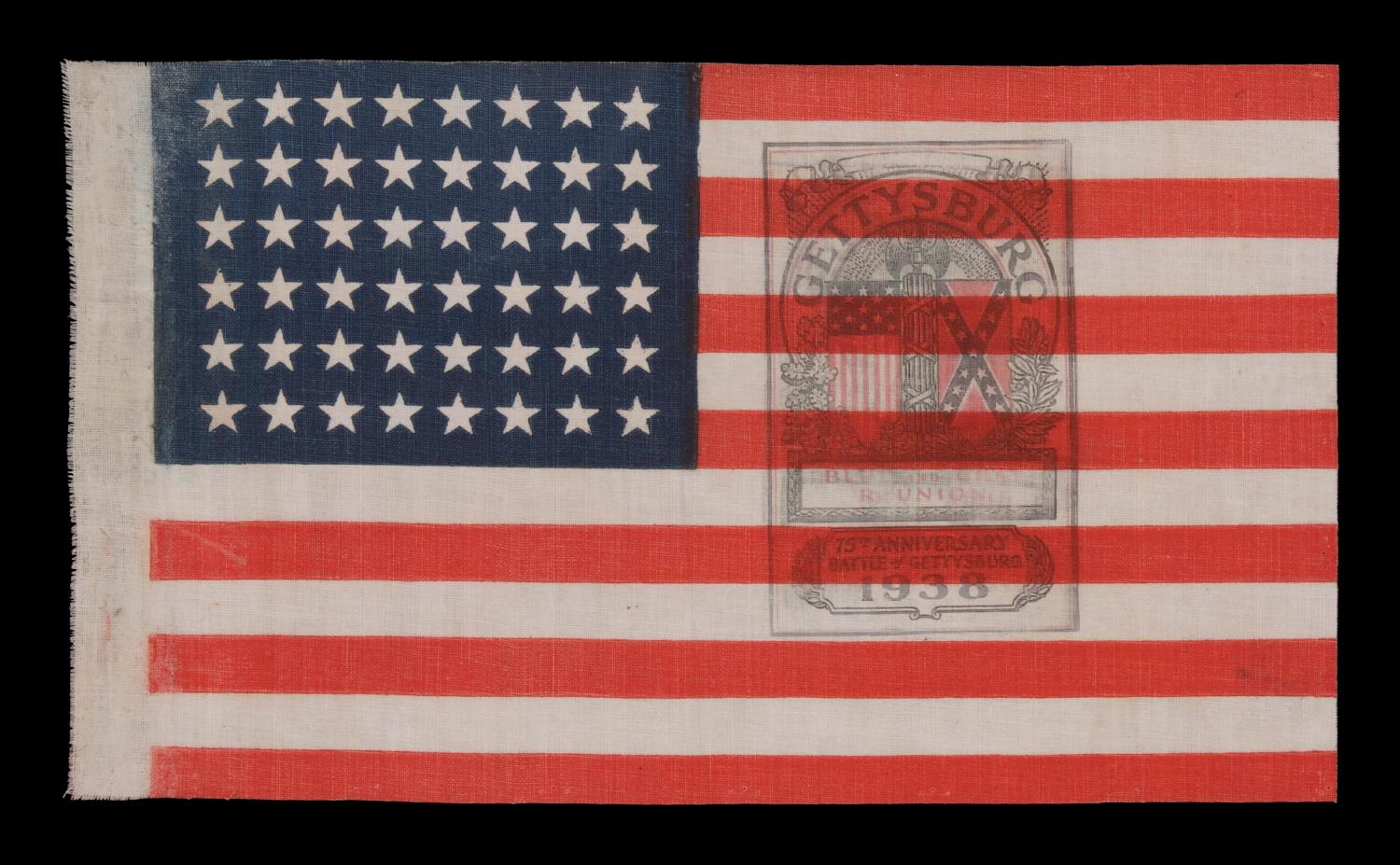 48 star American parade flag with a rare, two-color overprint, made to Commemorate the 75th anniversary of the Battle of Gettysburg 

48 Star American Parade flag, printed on an oilcloth-type cotton. This flag bears a very rare and unusual