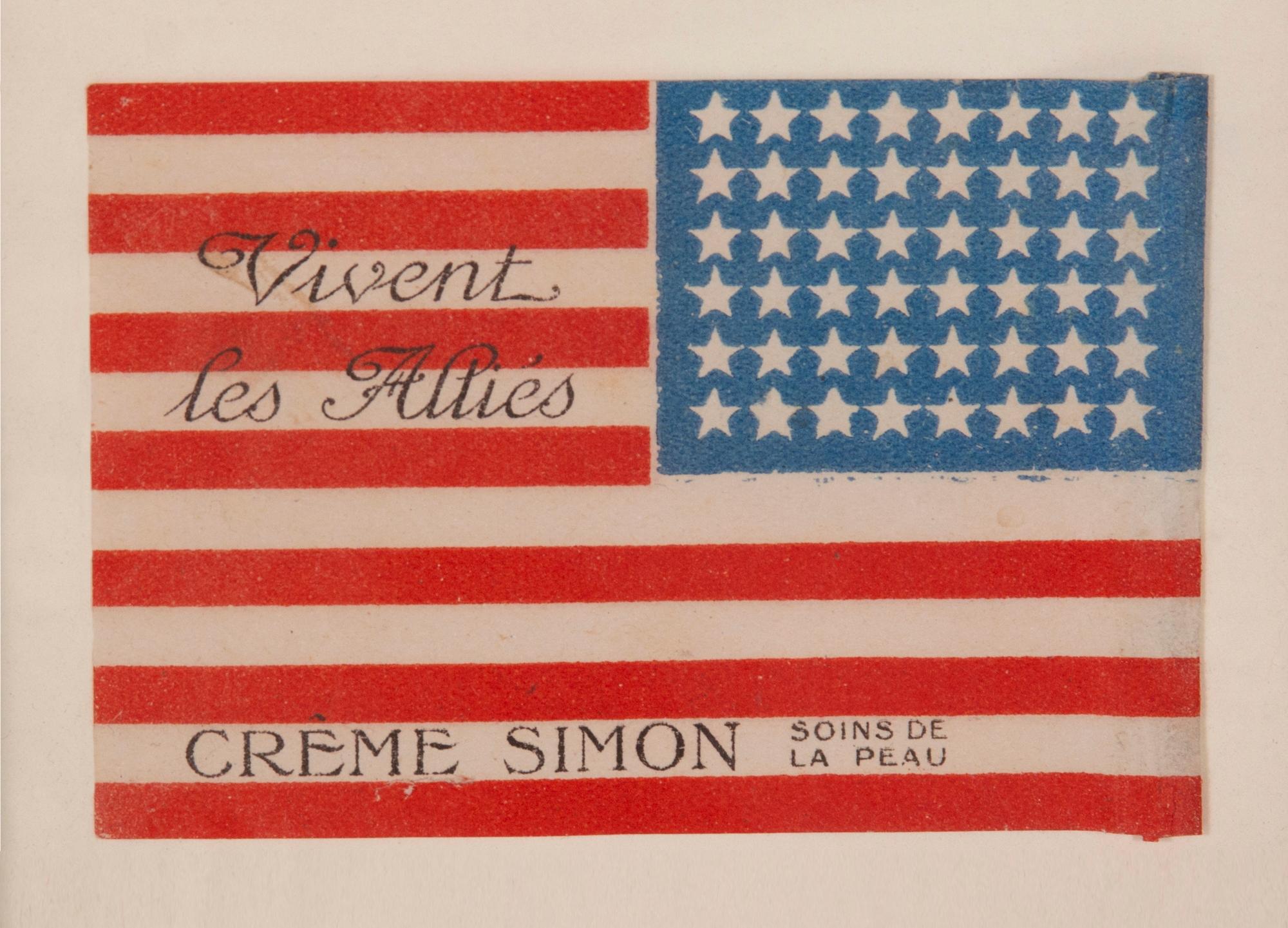 48 star American flag, made in France, celebrating liberation from the Germans and allied victory during WWII, with advertising for “Crème Simon,” formerly in the collection of Richard pierce

48 Star American national parade flag, printed on