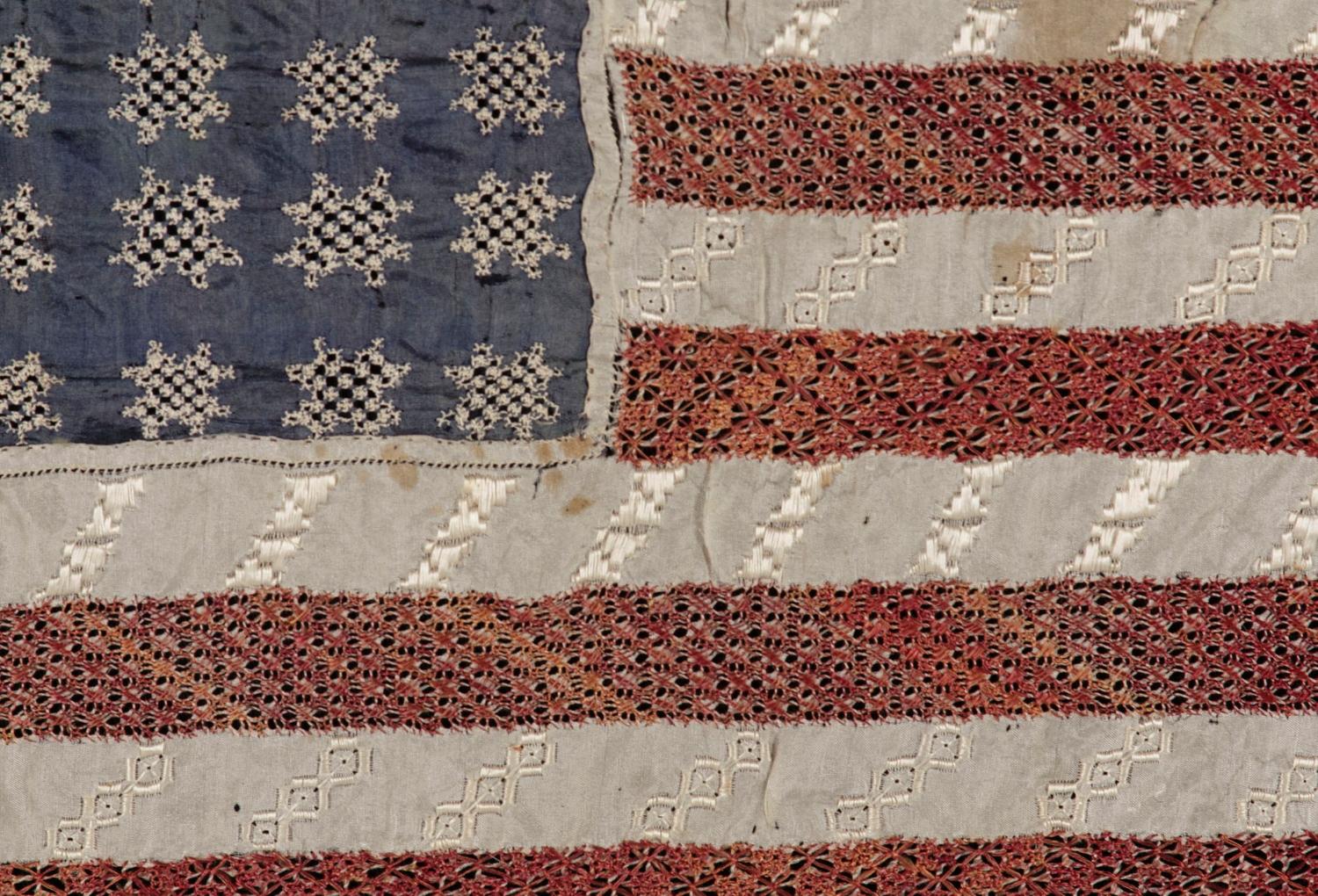 48 Stars That Resemble Snowflakes on Extraordinary Needlework Flag In Good Condition In York County, PA
