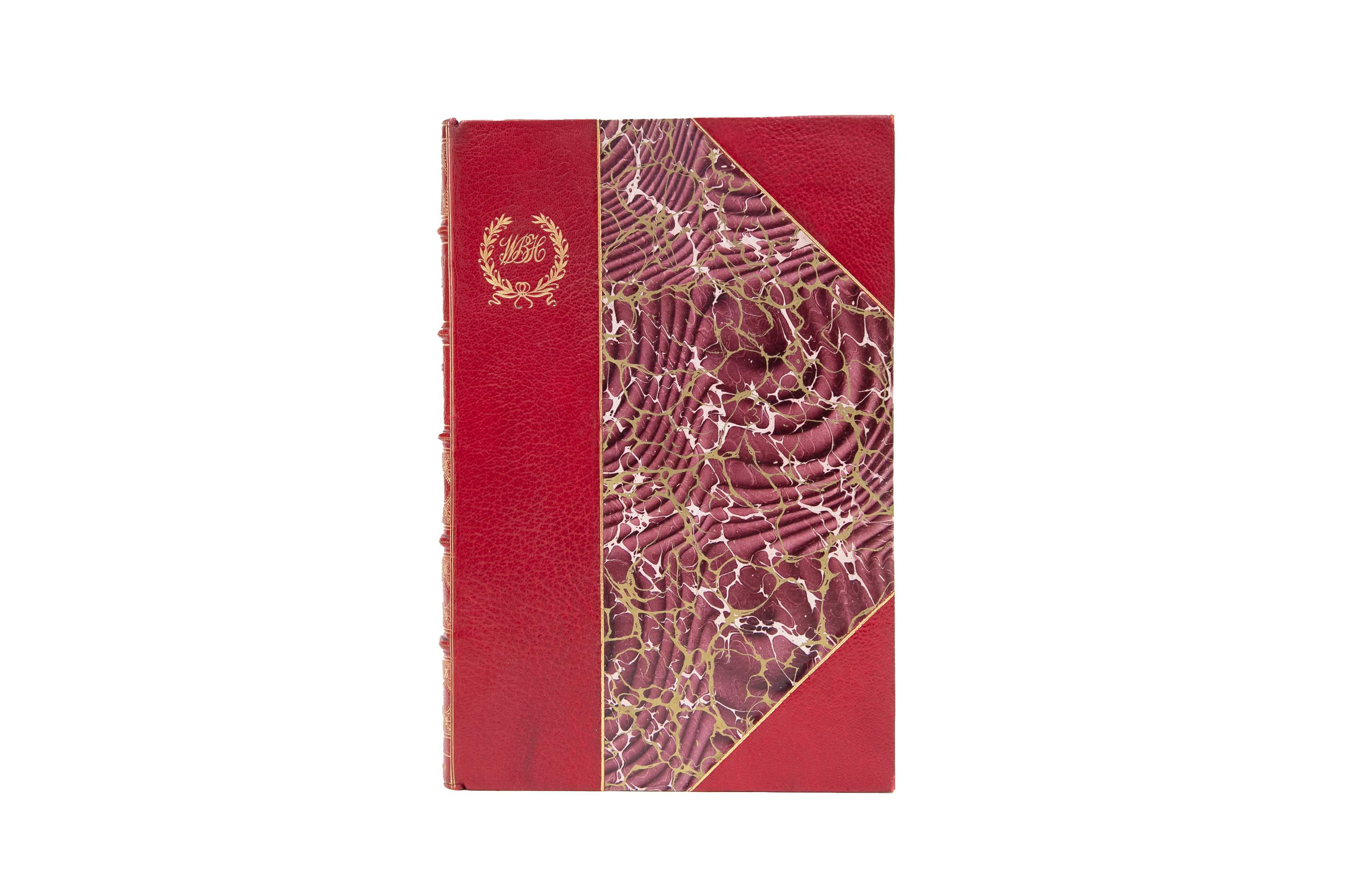 48 Volumes. Sir Walter Scott, The Waverley Novels. Connoisseur Edition. Bound in 3/4 red morocco and marbled boards, bordered in gilt-tooling. Raised band spines with ornate gilt-tooled detailing. Top edges gilt with marbled endpapers. Introduction