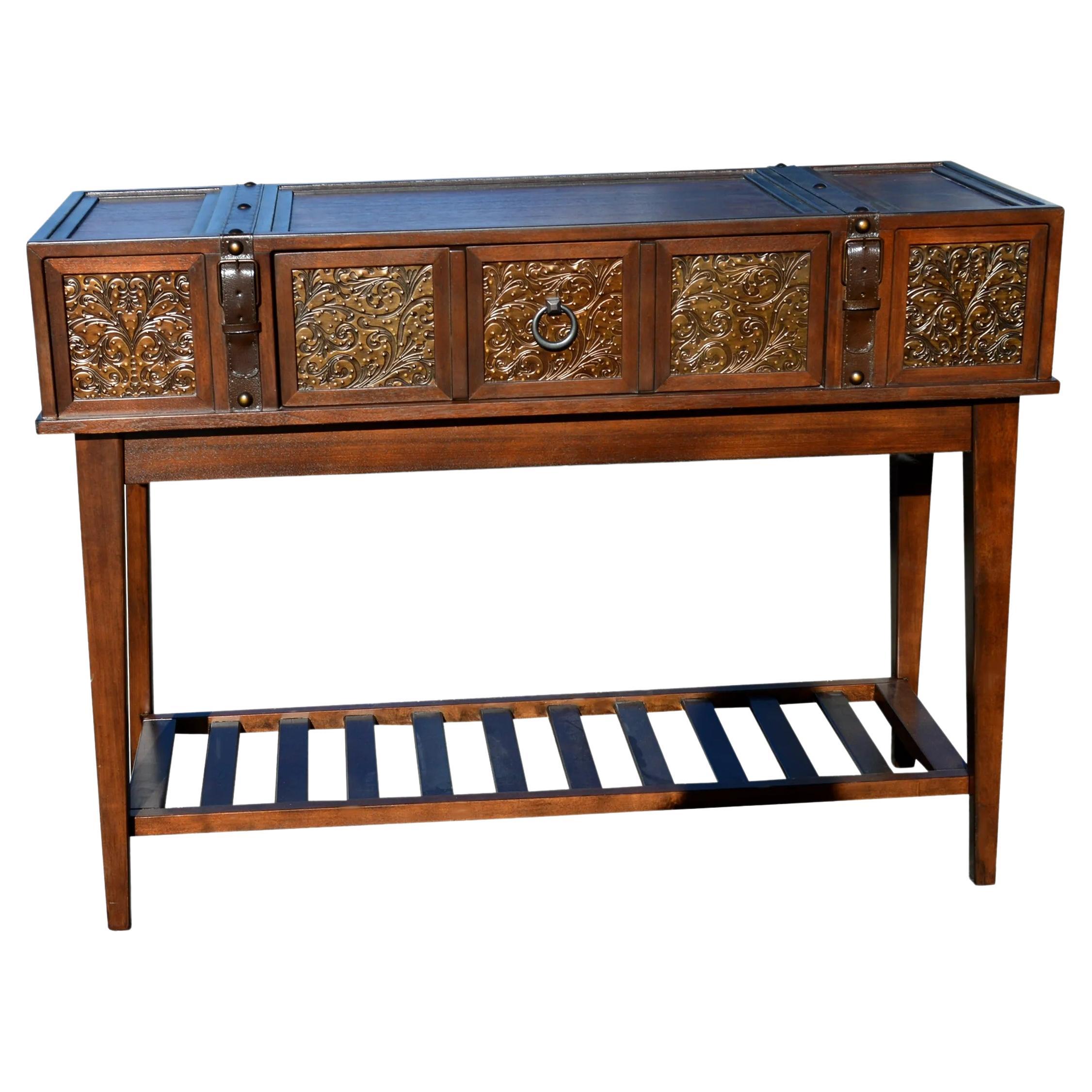48? console table 

Details including inset stamped metal and buckled belt accents. 

Features:

Vintage Casual style
Solid wood construction
One storage drawer
Buckled belt accents
Functional base shelf.

  