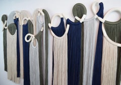 48" x 30" Ceramic and Fiber Wall Sculpture - White Stoneware, Gray Fringe Detail