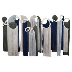 48" x 30" Ceramic and Fiber Wall Sculpture - White Stoneware, Gray Fringe Detail