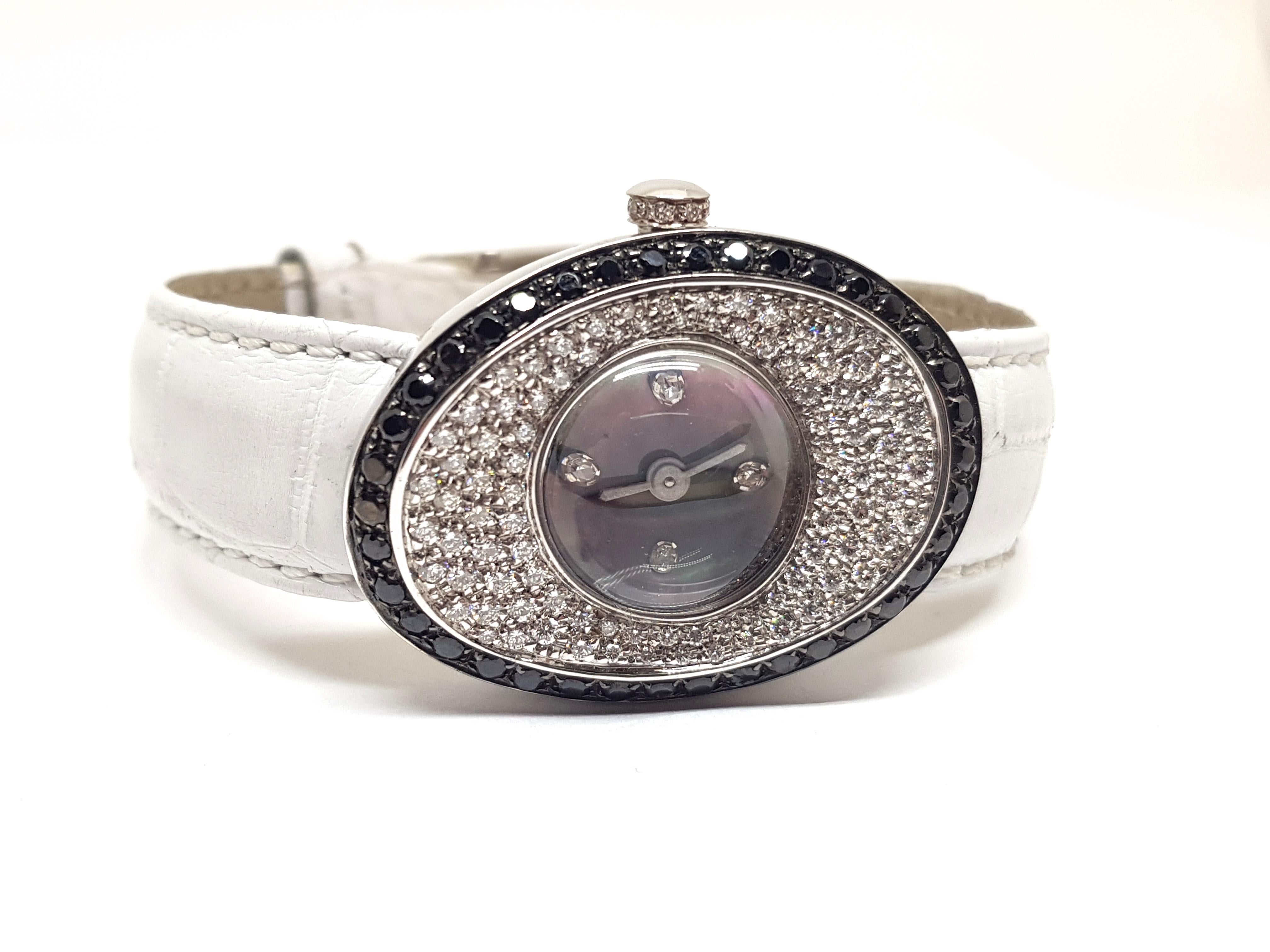 Round Cut 4.80 Carat 18 Karat White Gold Black Diamond Watch For Sale