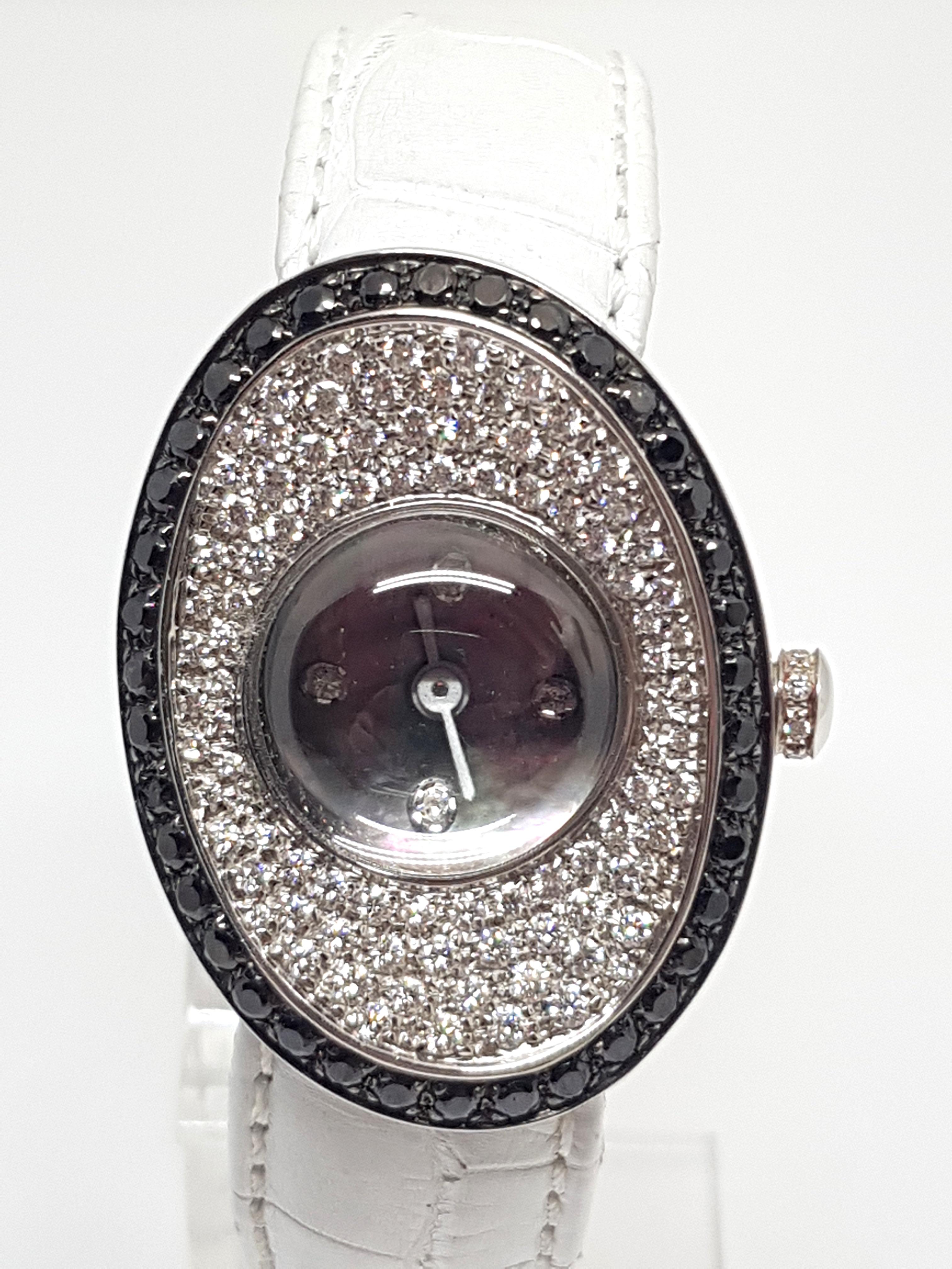 4.80 Carat 18 Karat White Gold Black Diamond Watch For Sale 2