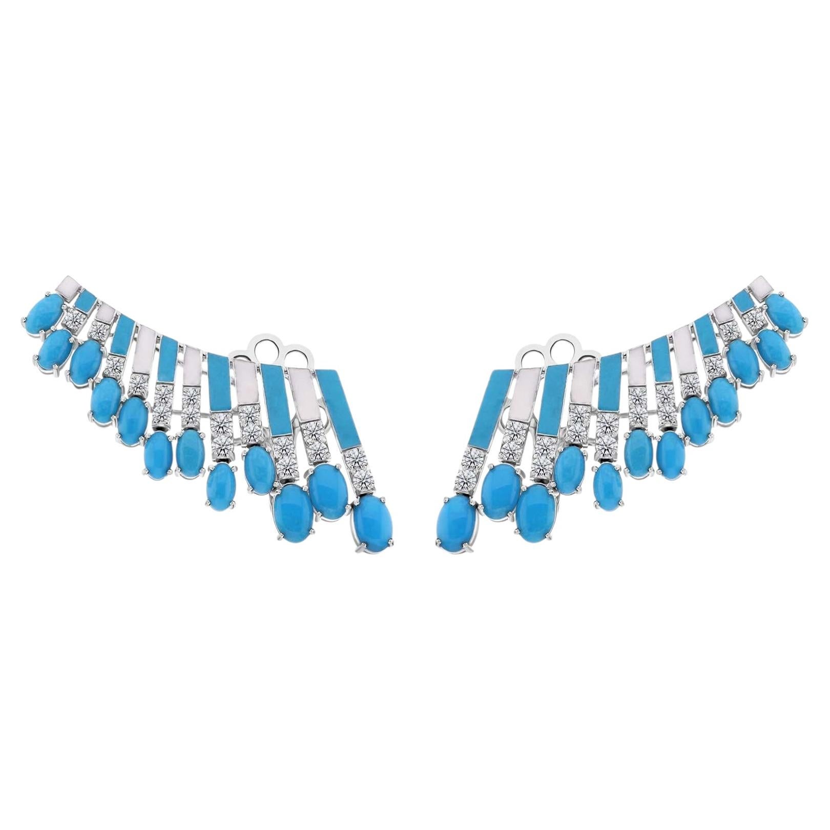 4.80 Carat Arizona Turquoise 1.13 Carat SI/H Diamond Earrings 18k White Gold