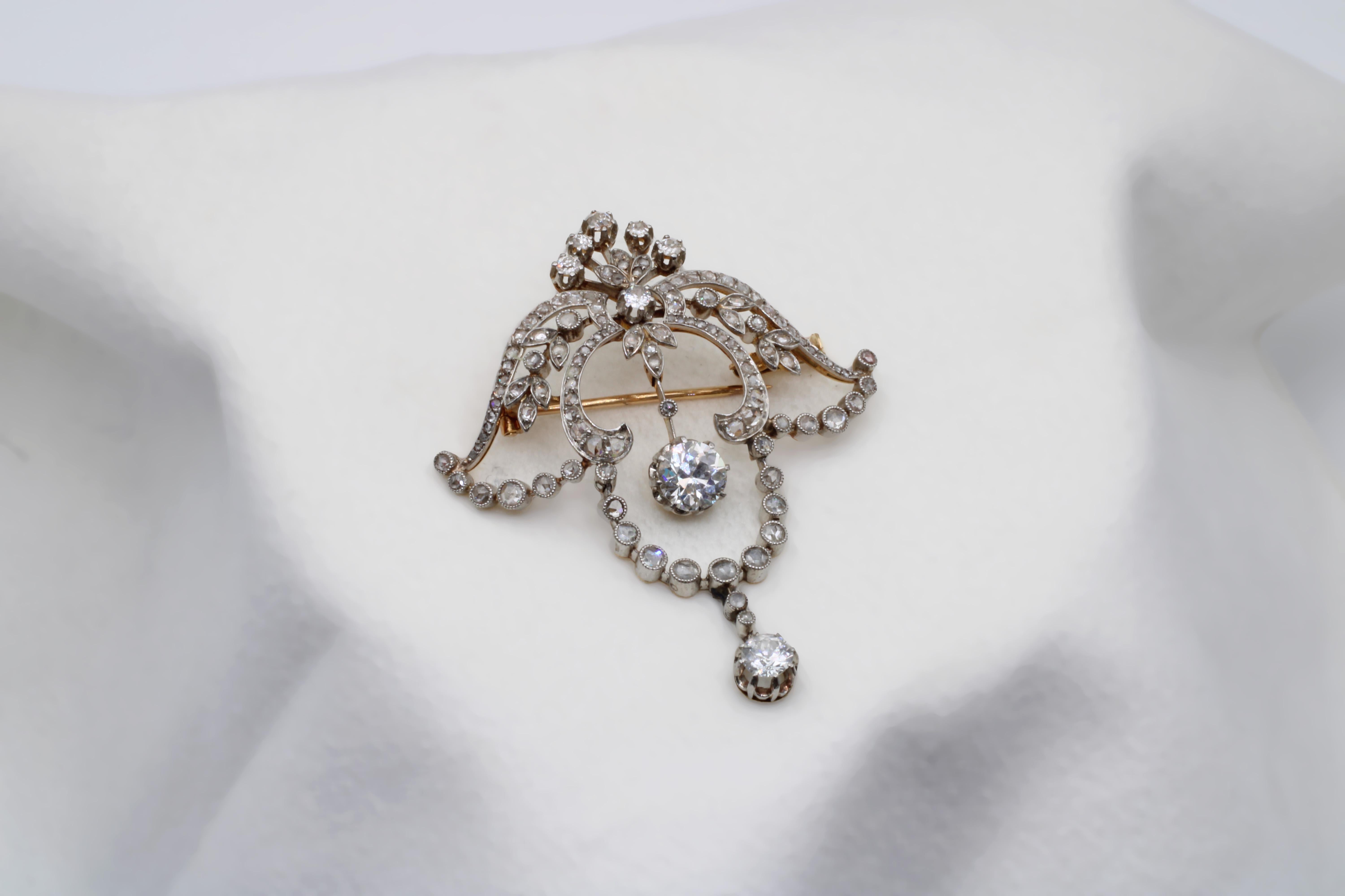 A 4.80 Carat Victorian Old European/Rose Cut Platinum Drop Brooch  In Excellent Condition For Sale In New York, NY