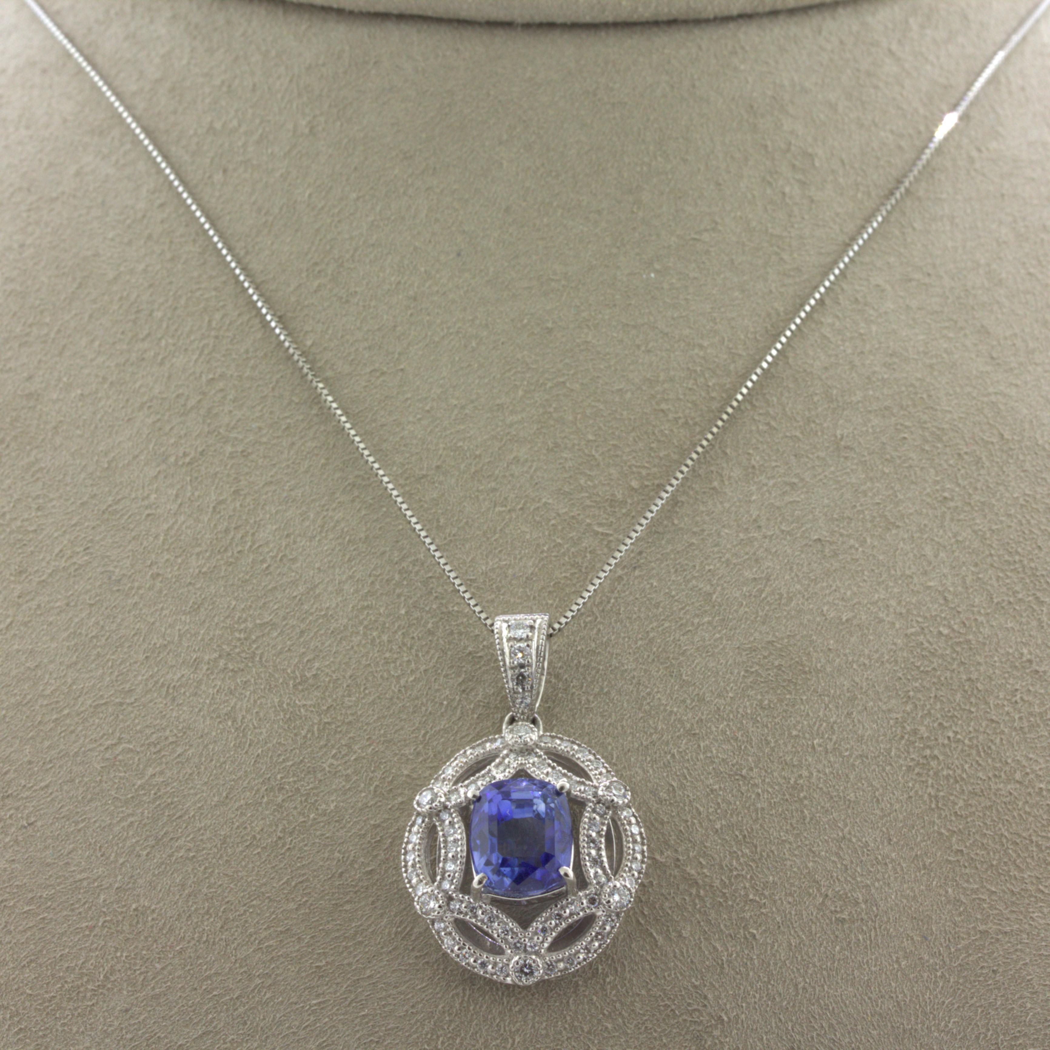 Women's 4.80 Carat Blue Sapphire Diamond Platinum Pendant For Sale