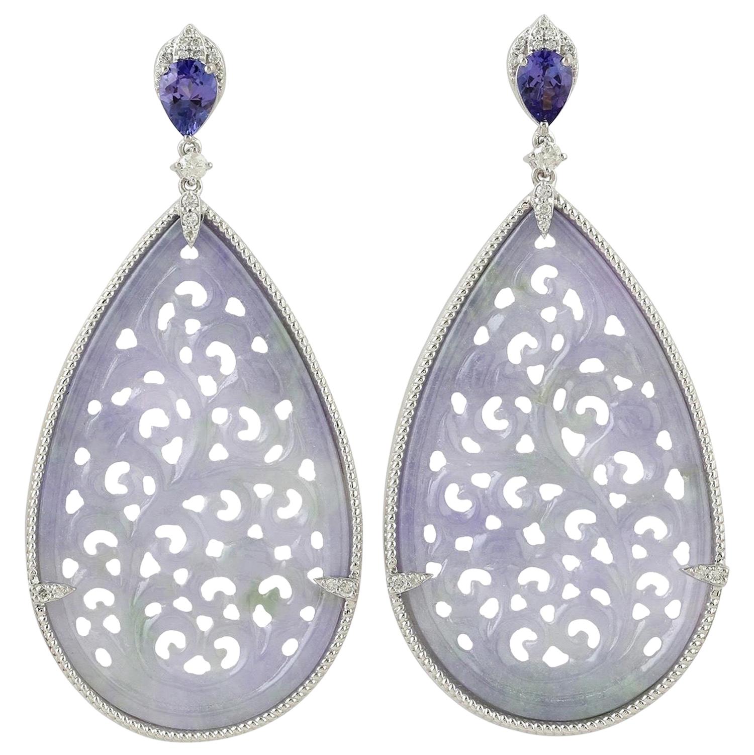 48.0 Carat Carved Jade Tanzanite 18 Karat Gold Diamond Earrings For Sale