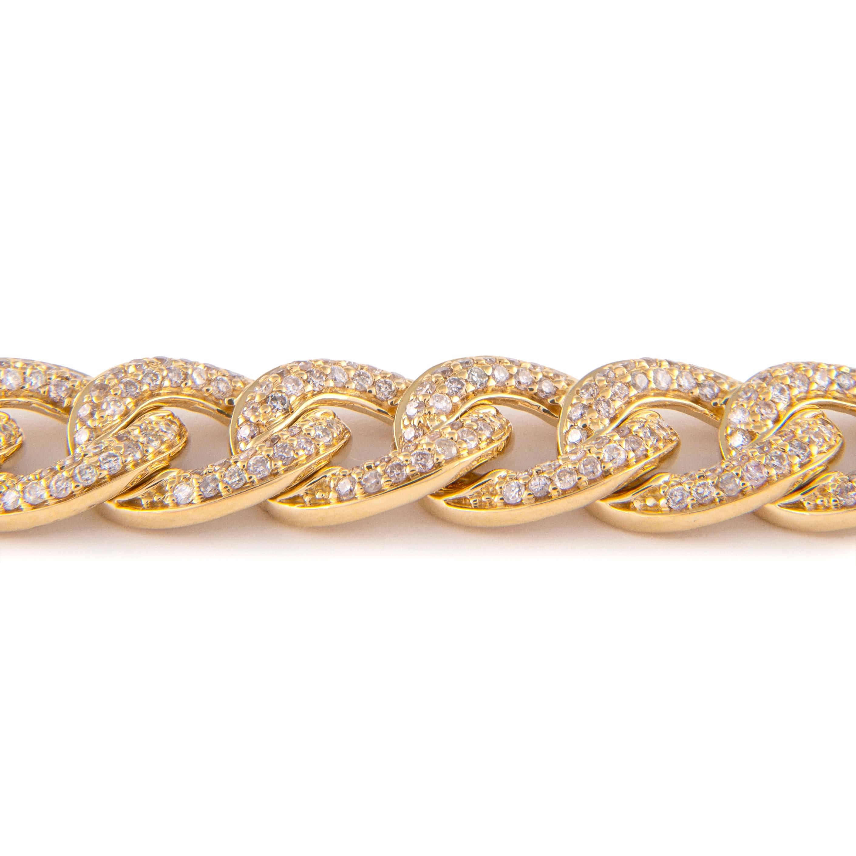 Round Cut 4.80 Carat Diamond Cuban Link Bracelet 18 Karat Yellow Gold For Sale