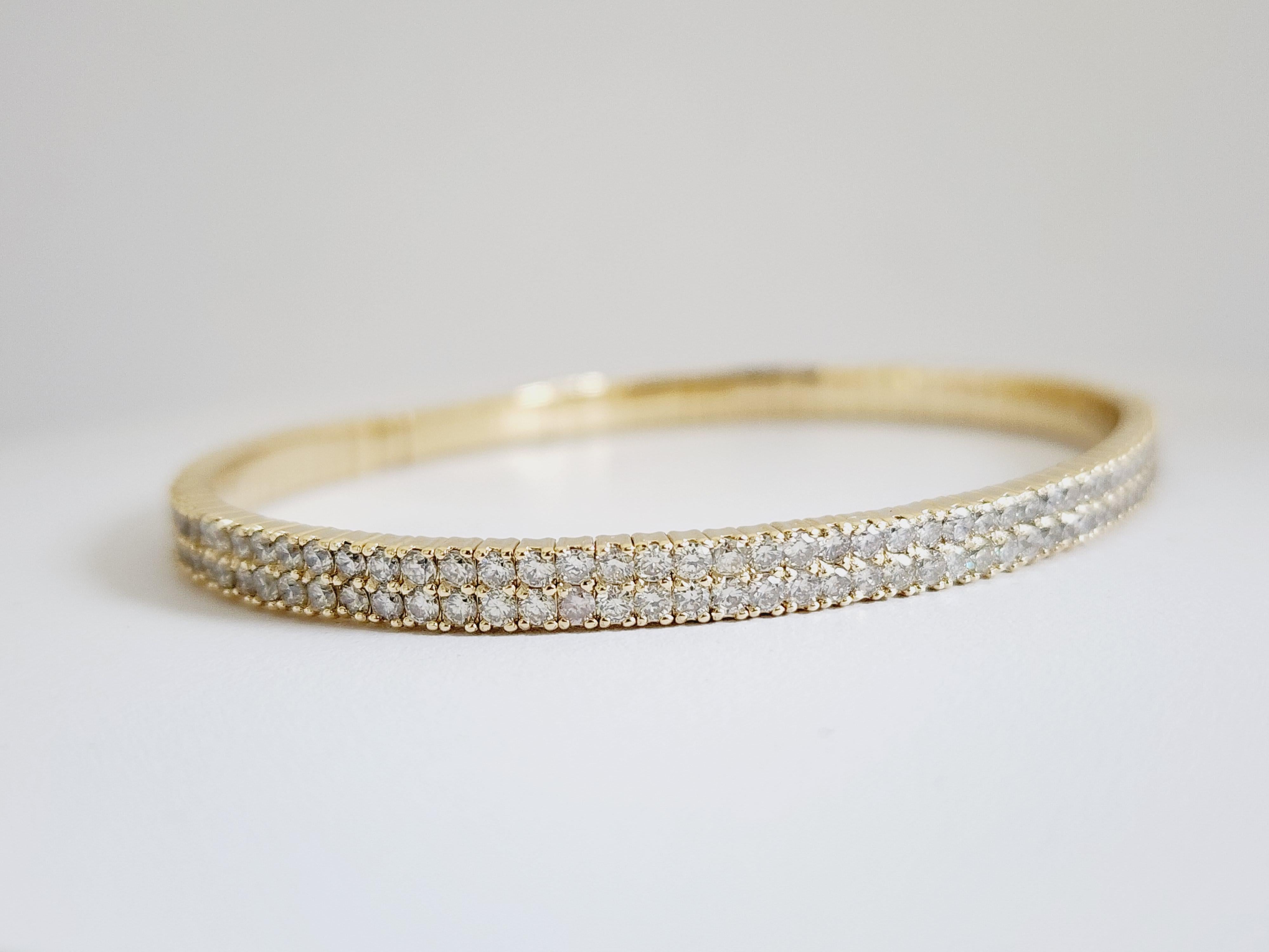 Natural Diamonds 4.80 ctw Flexible double row bangle yellow gold 14k 7 Inch. Color I, Clarity SI. 4 mm.