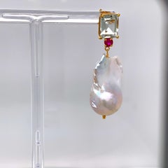 4.80 Carat light Green Beryl with Ruby and Baroque Pearl Drop Earring