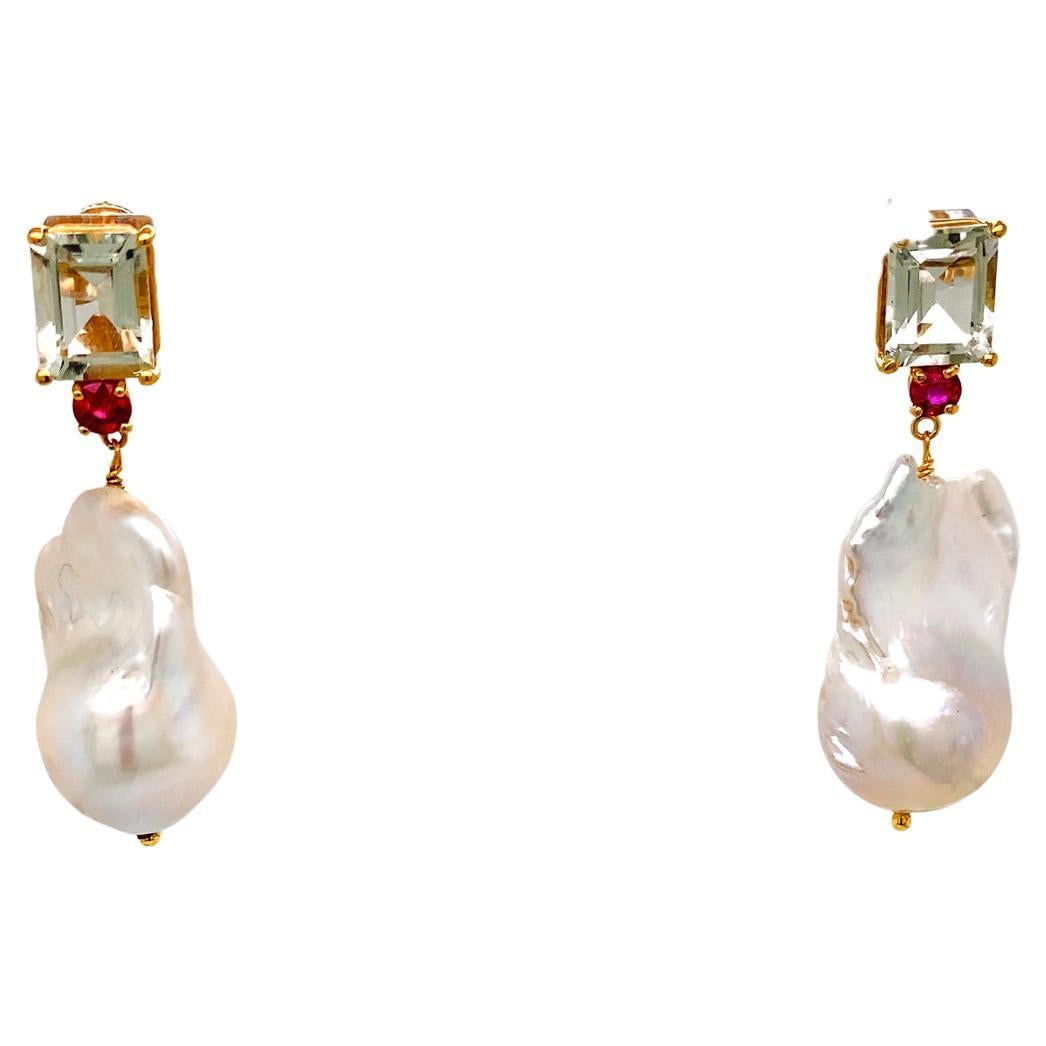 4.80 Carat light Green Beryl with Ruby and Baroque Pearl Drop Earring For Sale
