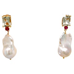 4.80 Carat light Green Beryl with Ruby and Baroque Pearl Drop Earring