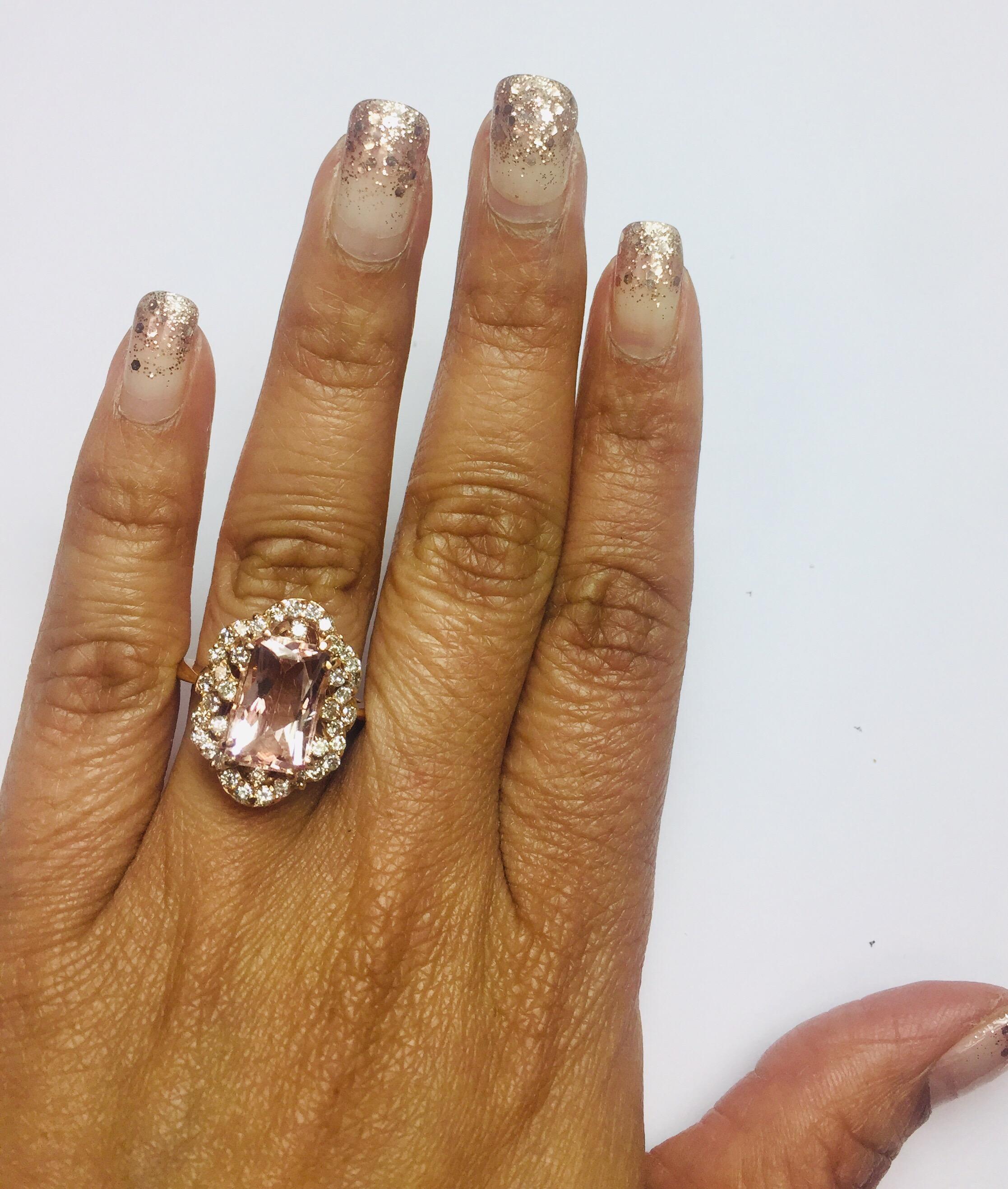 Emerald Cut 4.80 Carat Morganite Diamond Rose Gold Art Deco Style Ring