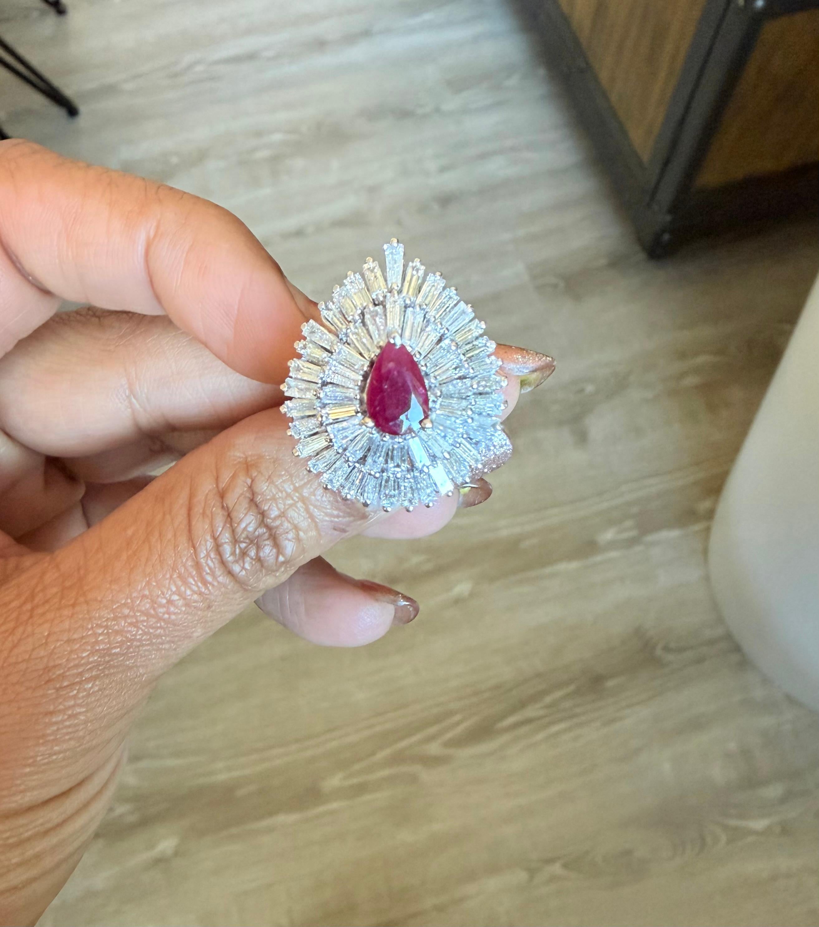 4.80 Carat Natural Ruby Baguette Diamond 14 Karat White Gold Ballerina Ring For Sale 4