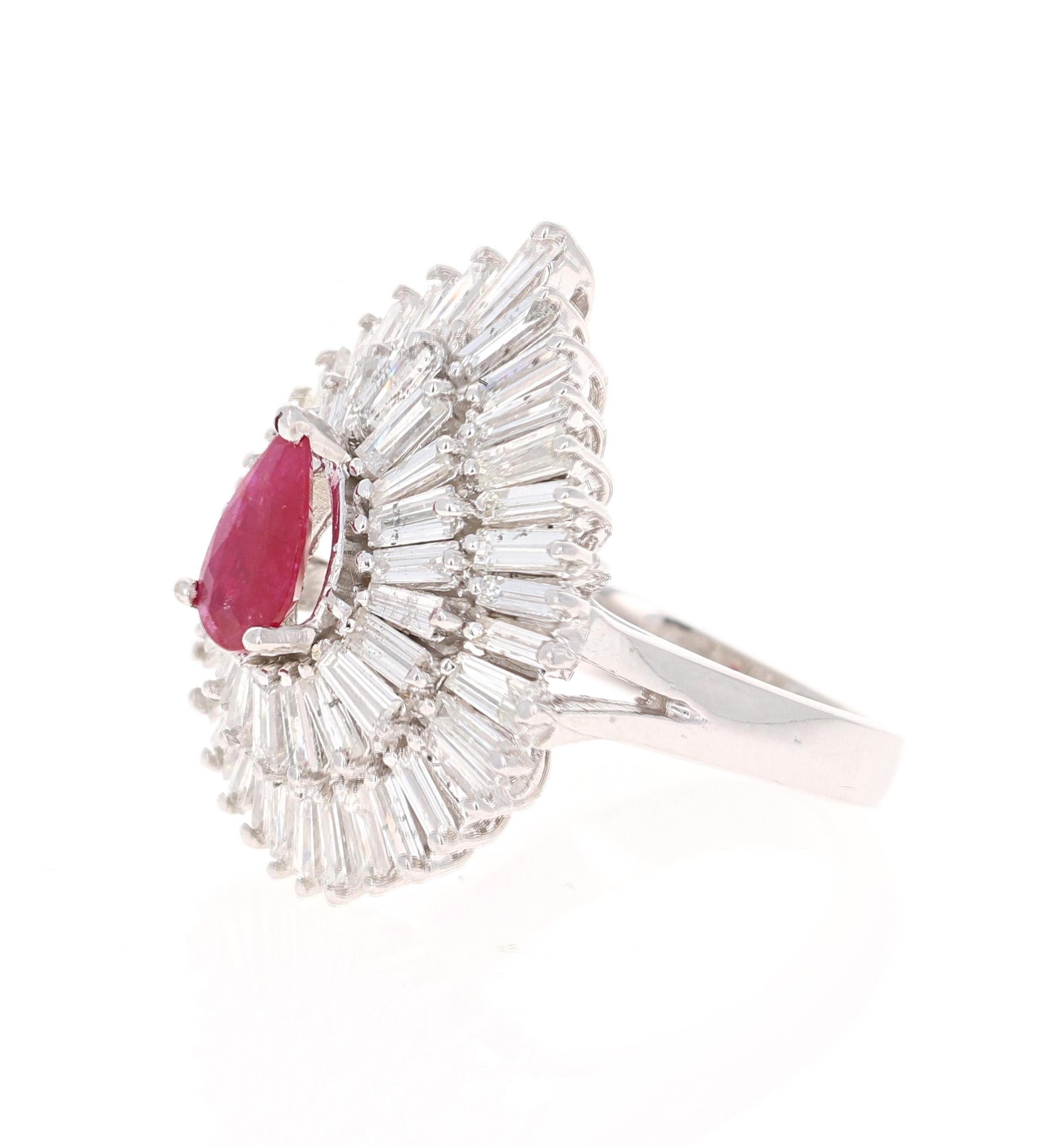 Contemporary 4.80 Carat Natural Ruby Baguette Diamond 14 Karat White Gold Ballerina Ring For Sale
